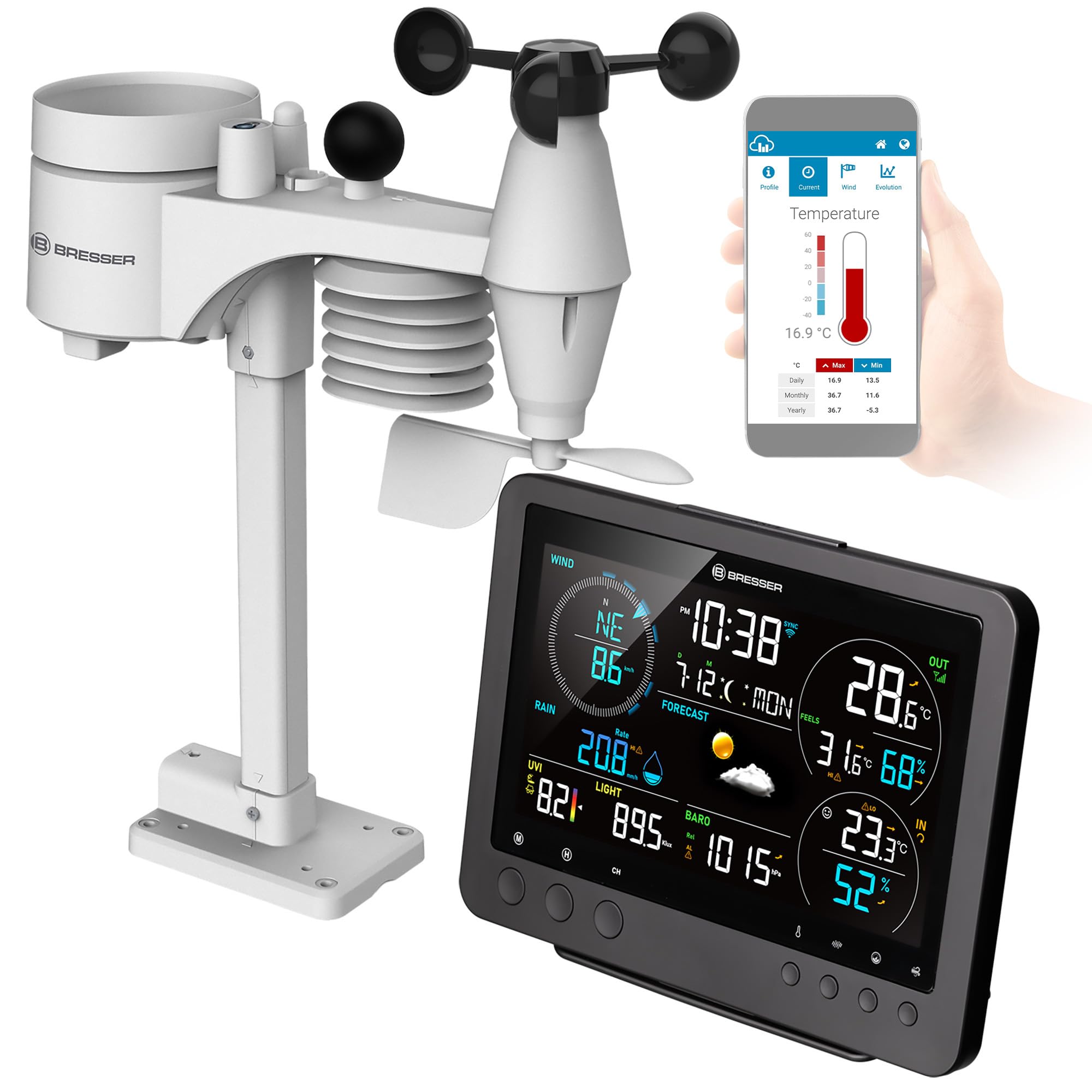 Bresser Bise Profi WLAN Wetterstation Funk mit 8 in 1 Außensensor | Innentemperatur und Außentemperatur, Luftfeuchtigkeit, Regenmesser, Windmesser, Wettervorhersage, App, WBGT