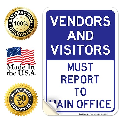 Miniatura 8 de Cartel de "Vendors & Visitors Report to Main Office", 10 x 7 pulgadas, calcomanías de vinilo de 4 mil, resistentes a la intemperie, con protección