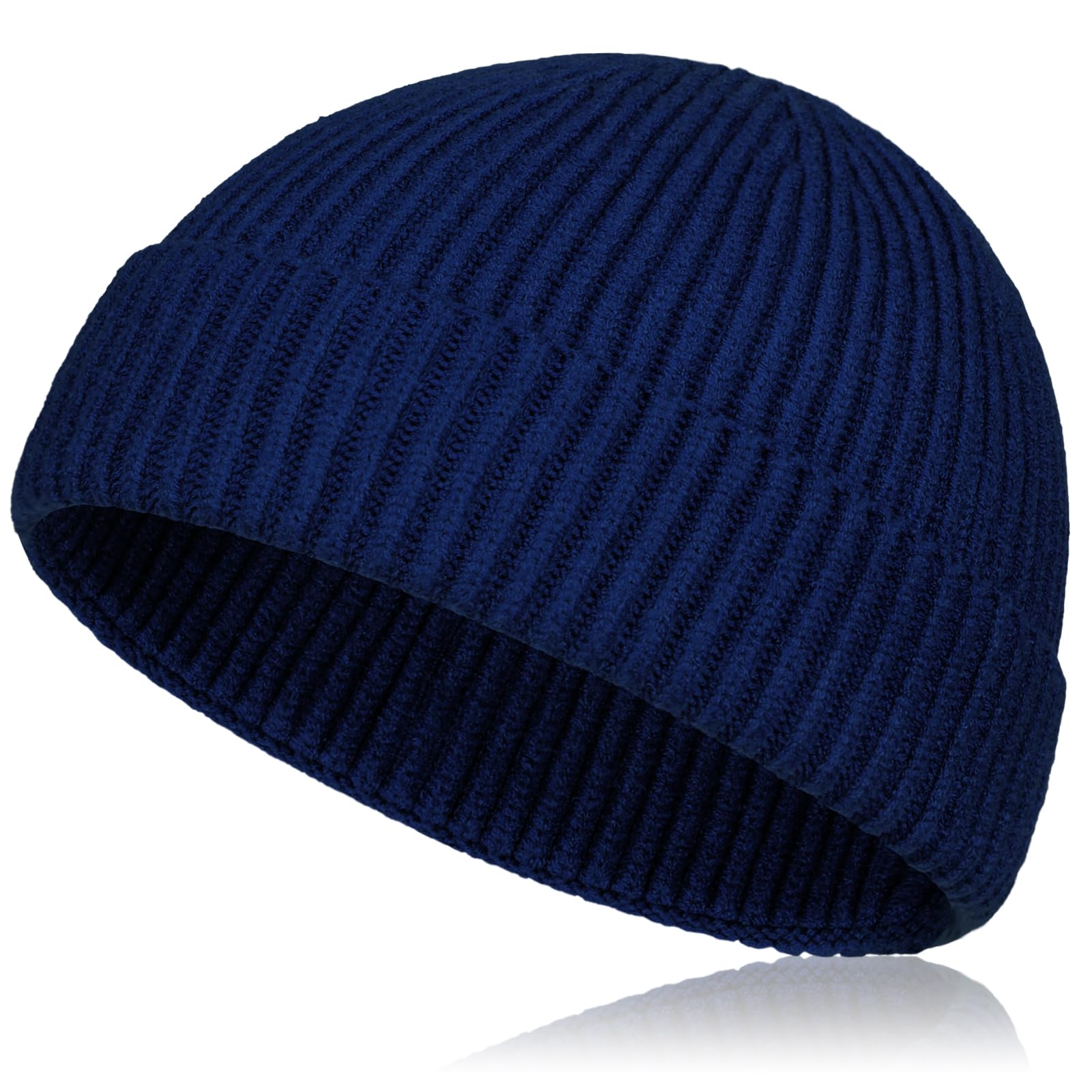 Samserot Men's Navy Wool Short Fisherman Beanie For Wo, Knit Cuff Trawler Beanie Caps Winter Warm Hats