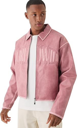 boohooMAN Boxy Tumble PU Applique Harrington Jacket In Pink