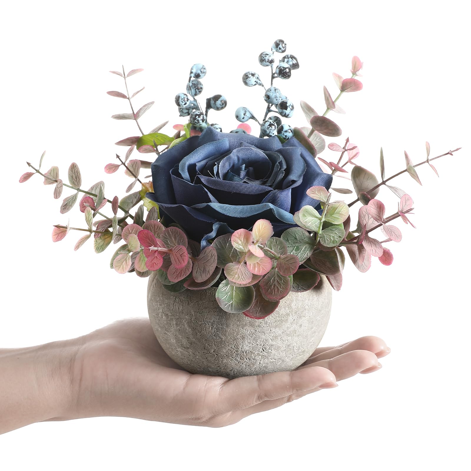 Wenhuidr Kunstblumen-Set mit Topf, Kombination aus künstlichen Seidenblumenrosen und Grün, künstliche kleine Pflanze mit Eukalyptusblättern für Büro, Bücherregal, Zuhause, Party, Hochzeit und Dekora e