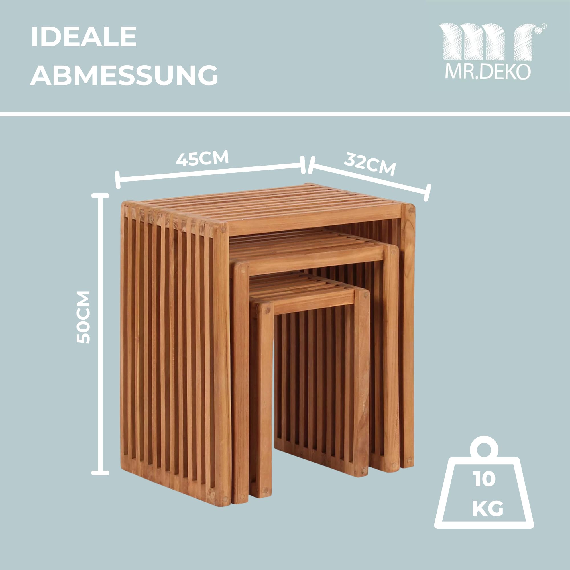 Mr. Deko teca – Mesas auxiliares (Juego de 3 – Mesa – Mesa de jardín – Rectangular – Apilable – Exterior Muebles – Madera de Teca – para balcón, terraza, jardín de invierno, Jardín