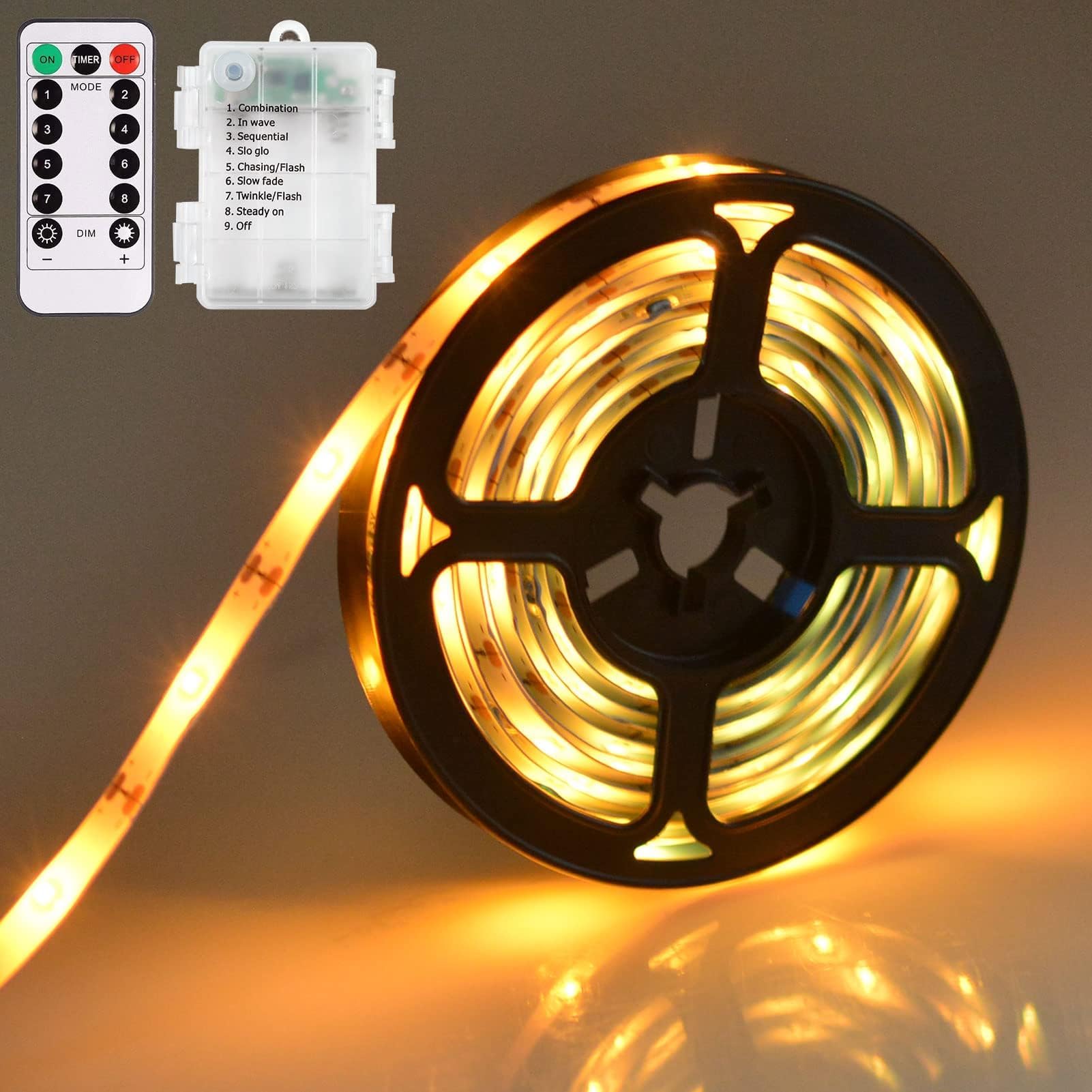 Sunshine Smile LED Strip Battery Operated, 1m, 8 Modes, Dimmable, Remote Control, Waterproof, Warm White, Indoor Use, String Light