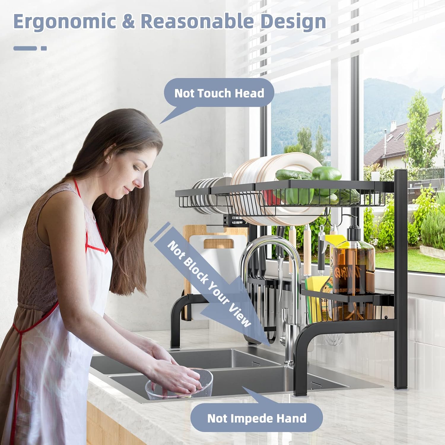 Giantex Over Sink Dish Drying Rack, 2-Tier Dish Drainer with Adjustable Length 21’’-39’’, 4 Storage Baskets, 5 Hooks, Chopping Board, Knife Holder, Stainless Steel Dish Drying Shelf (Black)