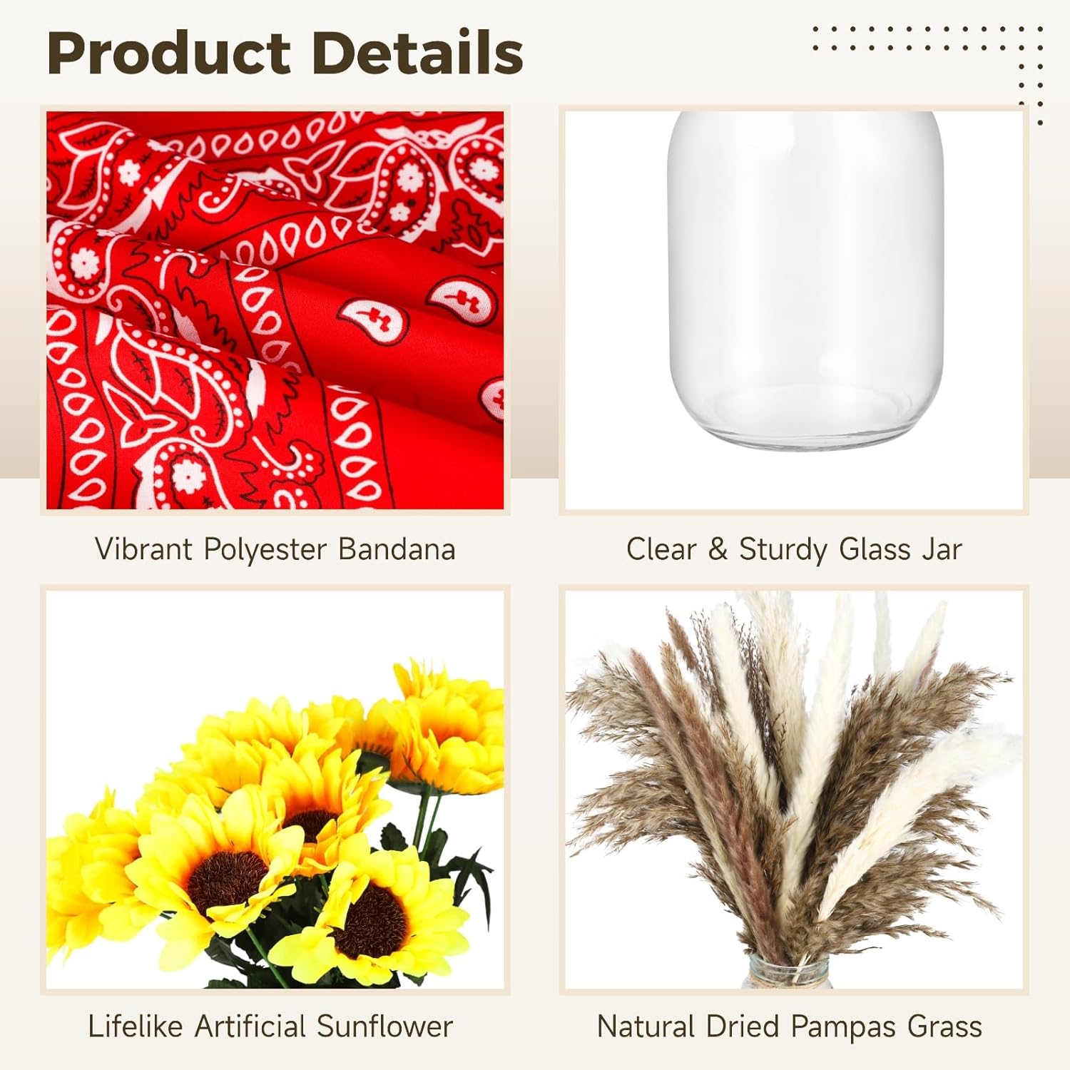 136 Pcs Western Cowboy Centerpieces, 6 Sets Rustic Western Party Decors, Glass Jar Vases, Red Bandanas, Mini Cowboy Hats, Artificial Sunflowers, and Dried Pampas Grass for Party