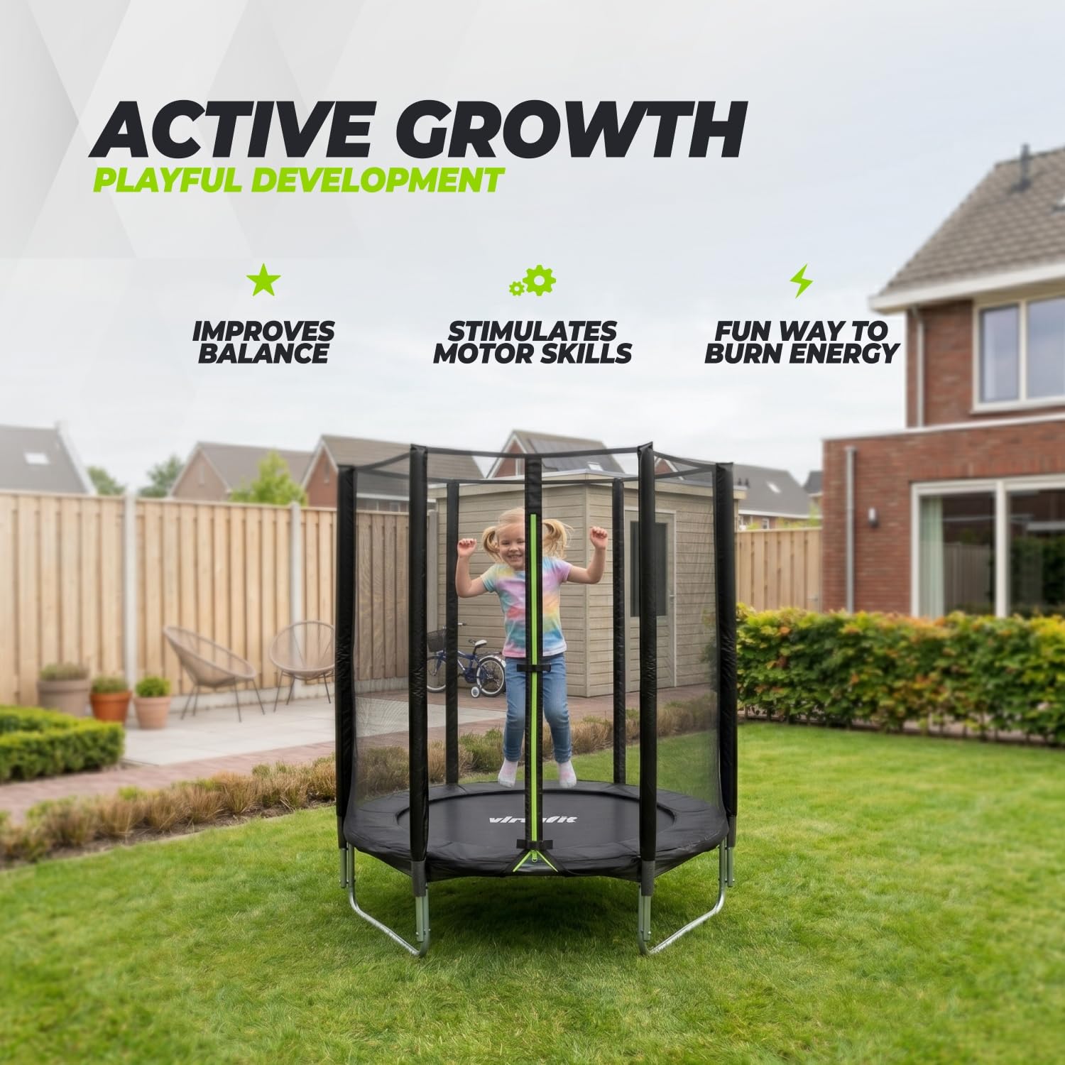 VirtuFit Trampolin Outdoor, Gartentrampolin - Trampolin mit Sicherheitszaun und Gepolsterte Stangen für Kinder Indoor Outdoor Fitness