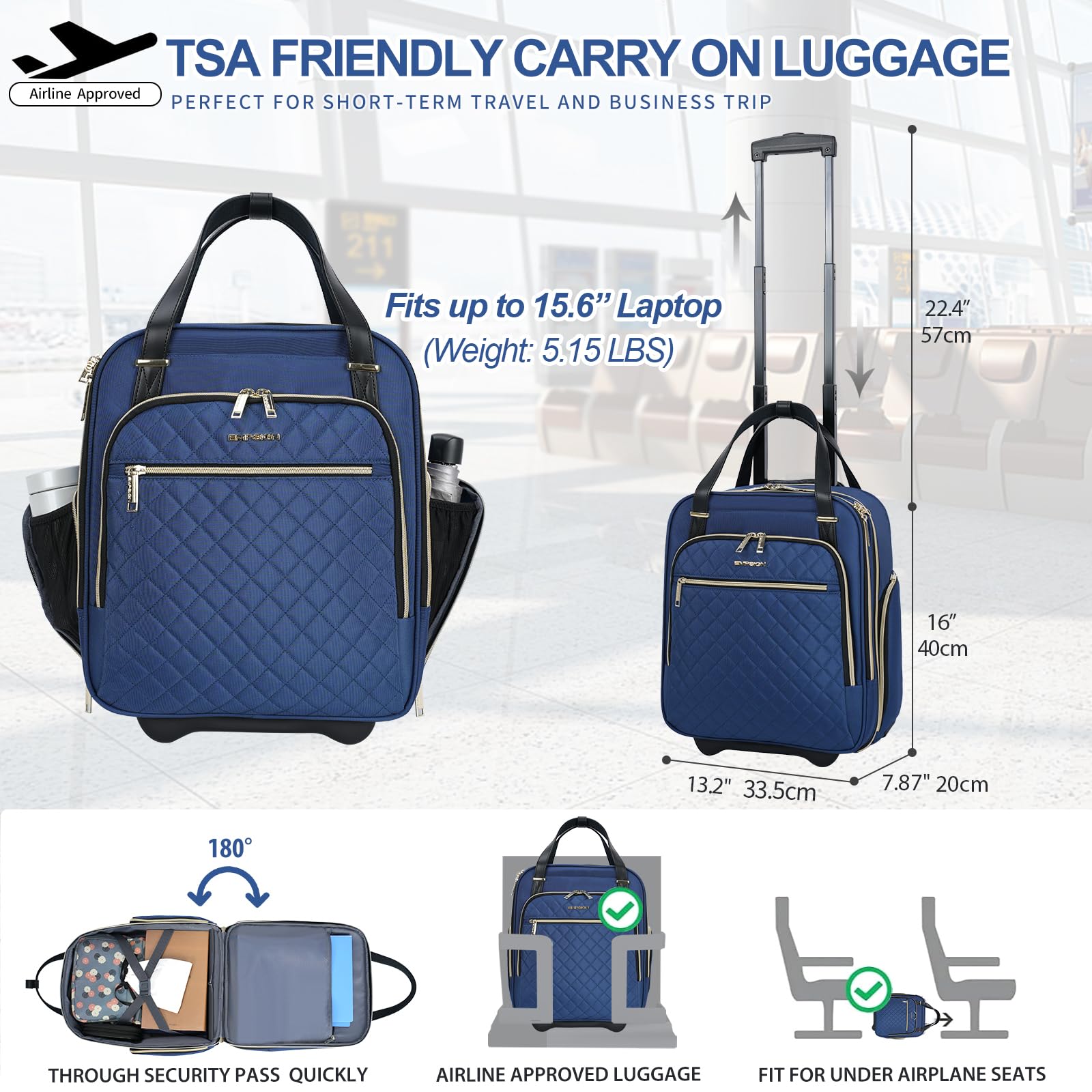 EMPSIGN Unterflur-Trolley–40 cm (16 Zoll) Handgepäckkoffer mit Rollen, multifunktional,leicht,ideal als Wochenend- oder Reisekoffer,klein, für Damen und Herren, Farbe: Haze Blue-Gold Zipper