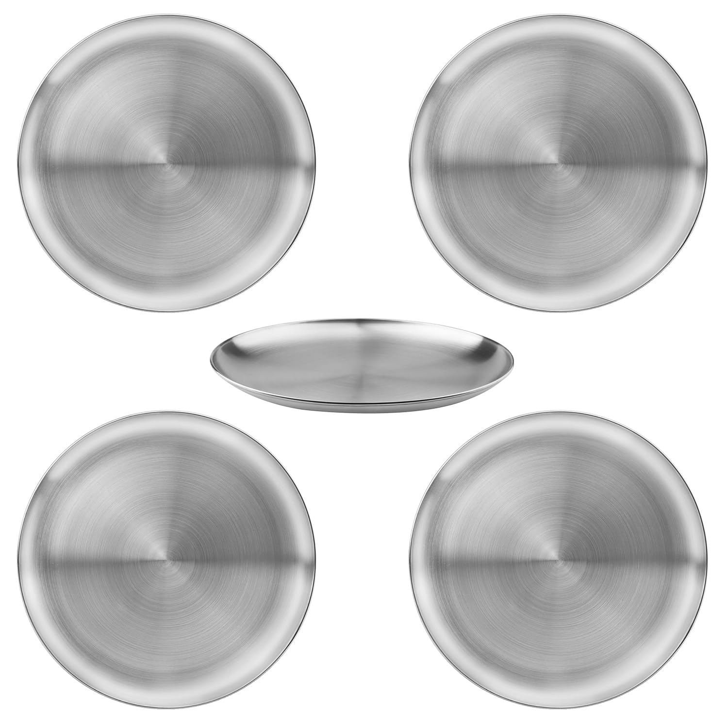 Lot de 5 assiettes rondes en acier inoxydable 304 de 25,4 cm, parfaites pour la maison, le camping et les barbecues, assiettes à salade rondes pour servir des collations, des pizzas et plus
