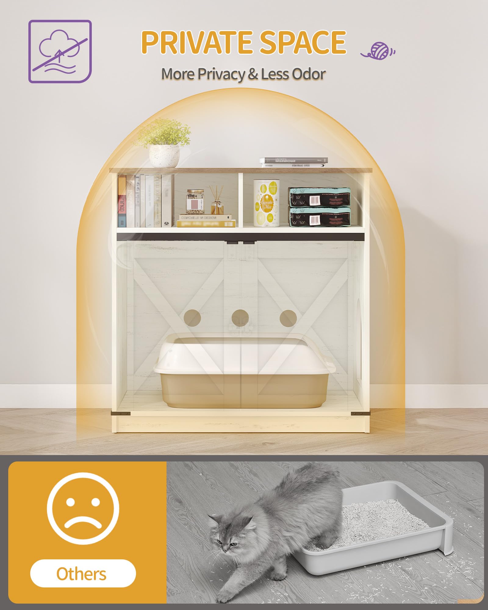 Hzuaneri Szafka pod Kuwetę dla Kota, 80 x 48 x 80 cm, Ukryty Mebel Z miejscem do Przechowywania, Drewniana Szafka dla Kota, Domek dla Kotów Stylu Wiejskim, Stolik pod Telewizor, Rustykalny Brąz i Biel