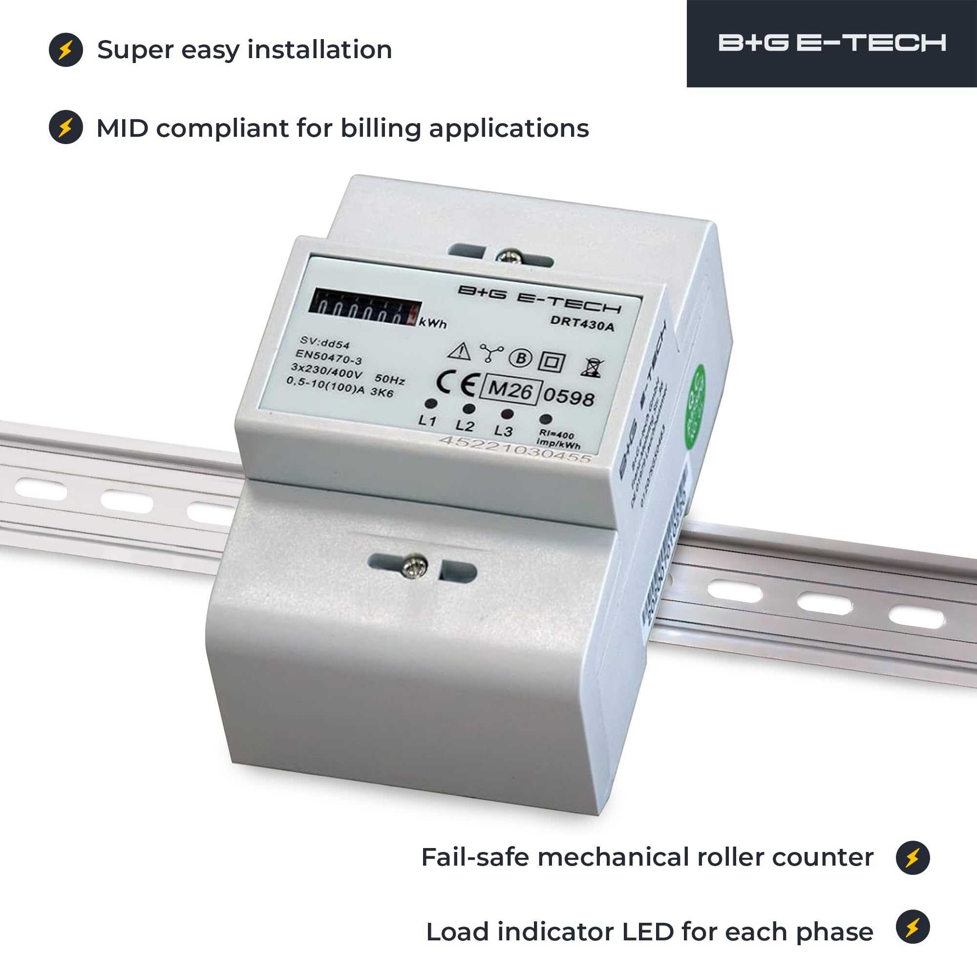 3-fazowy cyfrowy licznik prądu trójfazowego [DRT430A – MID 26] z mechanicznym licznikiem rolkowym, certyfikat MID, pomiar bezpośredni do 100 A, 400 V, wyjście impulsowe S0, montaż na szynie DIN