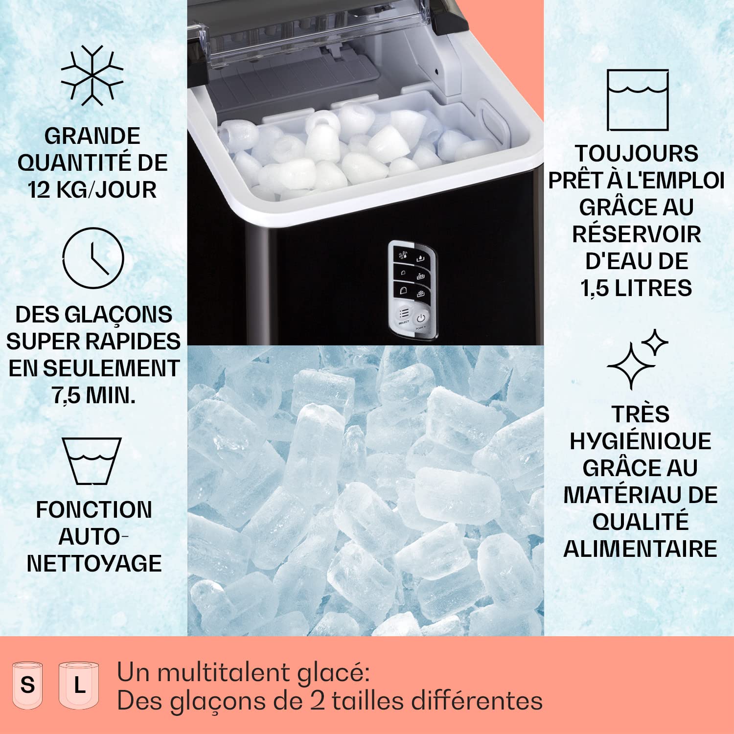 Klarstein Machine a Glacons pour la Maison, Capacité de 1,5L, Fabrique Rapidement Jusqu'à 12kg de Glacons, Machine a Glaces Petits et Grands Glaçons en Forme de Balles, Autonettoyante, Ice Maker