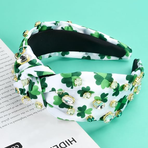 St.Patrick's Day Headbands for Women Rhinestone Beaded Top Knot Headband Green Shamrock Crystal Wide Lucky Leaf Knotted Headband St Patricks Day Hair Accessories Gifts (Shamrock-A)