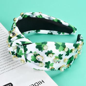 St.Patrick's Day Headbands for Women Rhinestone Beaded Top Knot Headband Green Shamrock Crystal Wide Lucky Leaf Knotted Headband St Patricks Day Hair Accessories Gifts (Shamrock-A)