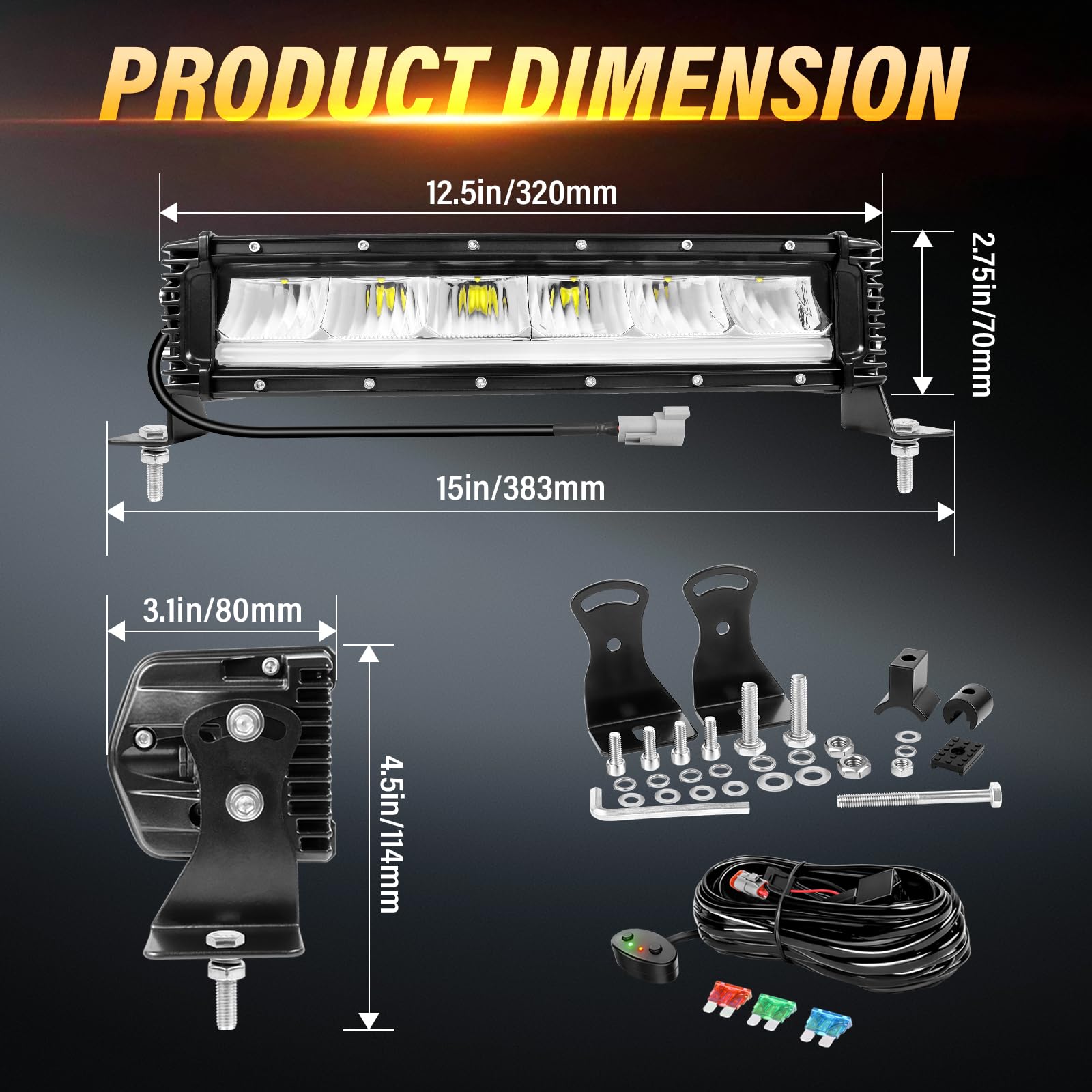 AUXTINGS 33 cm 40 W listwa świetlna LED z bursztynowymi światłami DRL, rząd świateł terenowych 4x4, antyodblaskowa, wiązka kombi IP67 z zestawem okablowania do pojazdów ciężarowych SUV ATV UTV łódź