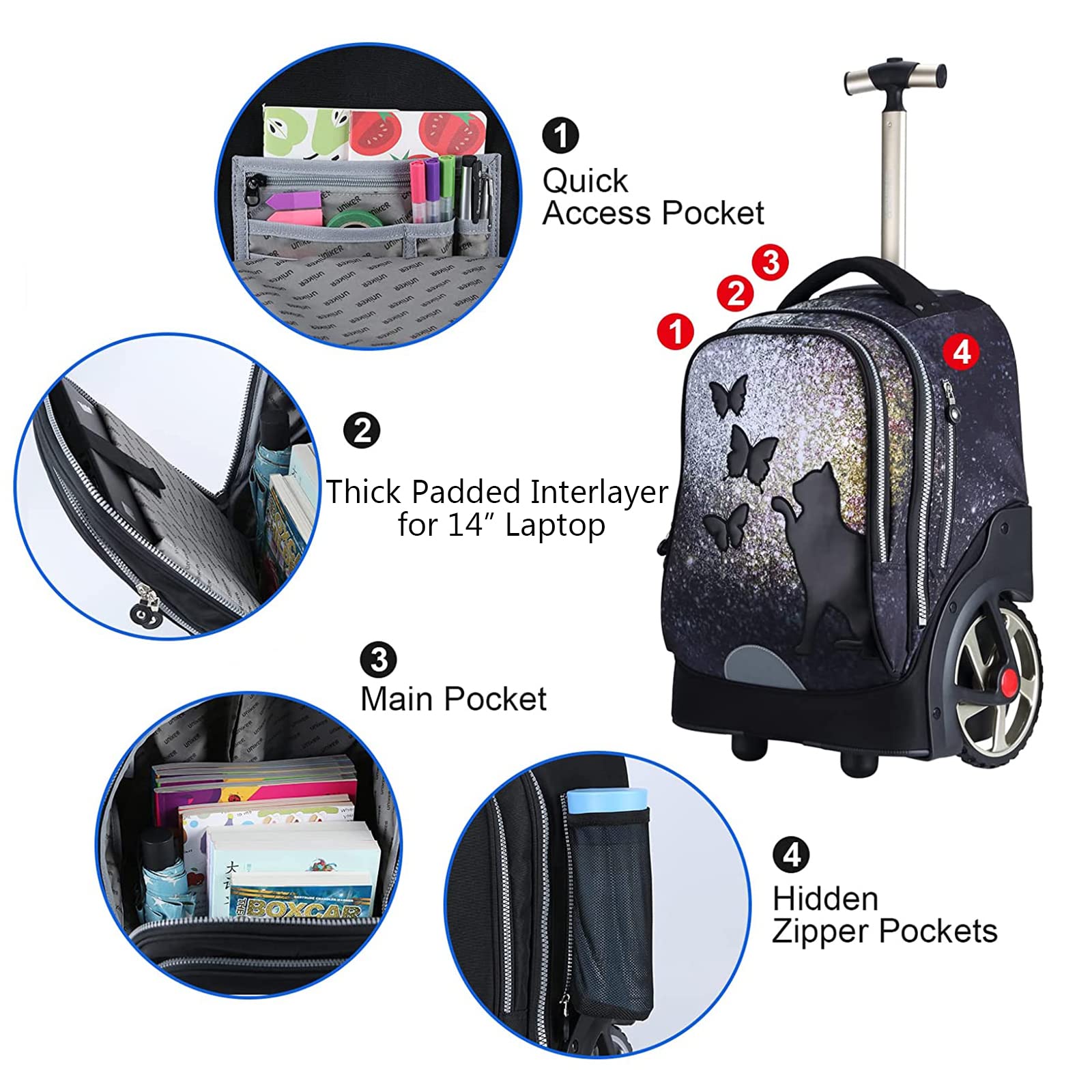 Rollen-Laptoptasche für 14-Zoll-Laptops, Rollen-Büchertasche für Jugendliche, Rollen-Reisetaschen, Koffer und Aktentasche mit Rollen