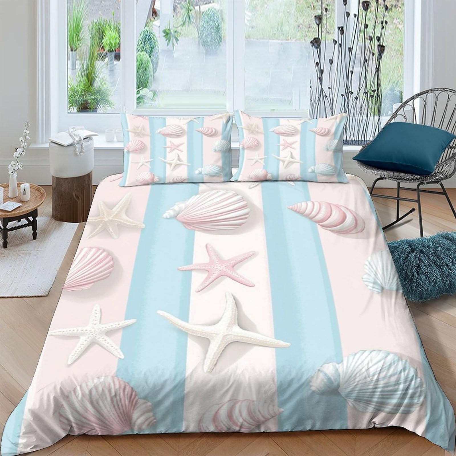 GPLZQXKJNH 3D Printed Seashell Stripes Duvet Cover Microfiber Soft Starfish Quilt Cover Set with 2 Pillowcases for Bedroom Decor Single（135x200cm）