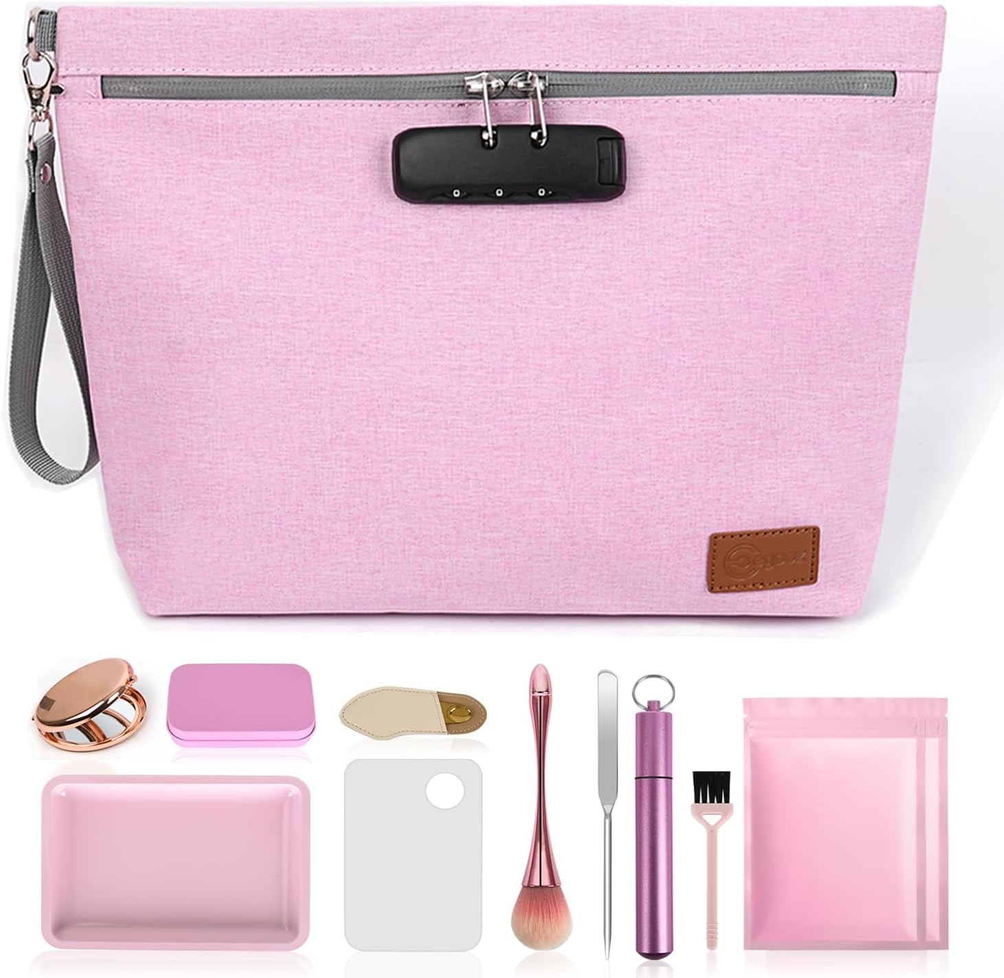 Pink Medium Size Smell Proof Bag with 10 PCS Small Accessories, Water-Resistant Cosmetic Pouch with Combination Lock, Premium Organizers Storage Case, Great Gift for Women.