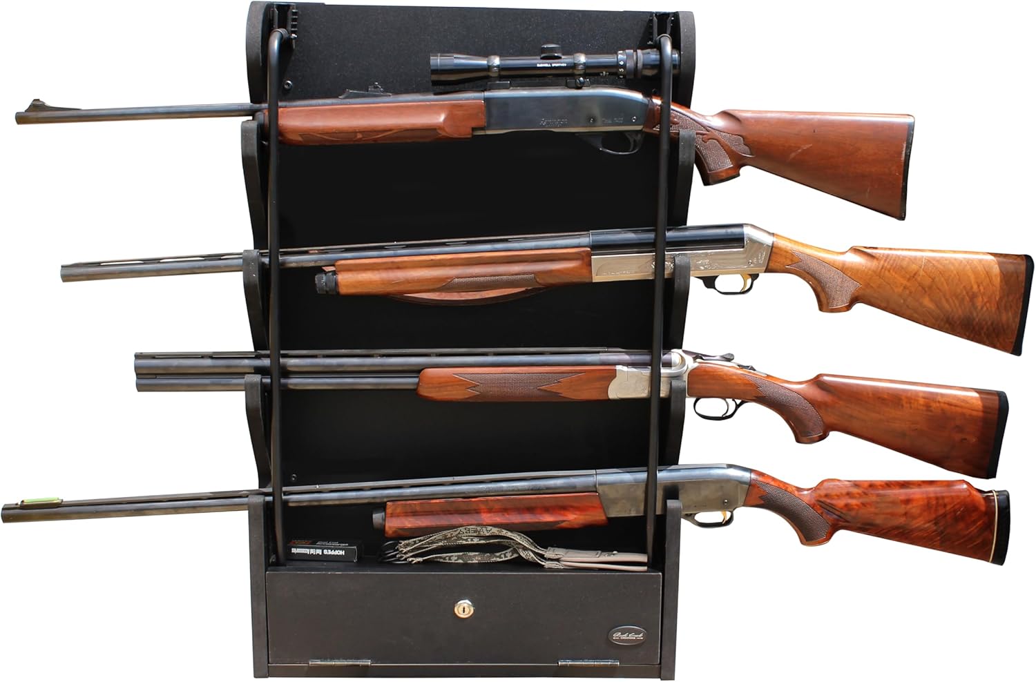 Rush Creek Creations Indoor Wall Gun Rack for up to 4 Rifles or Shotguns, 4-Gun Wall-Mount Long Gun Display Rack with Storage Compartment and Padded Grooves, Black