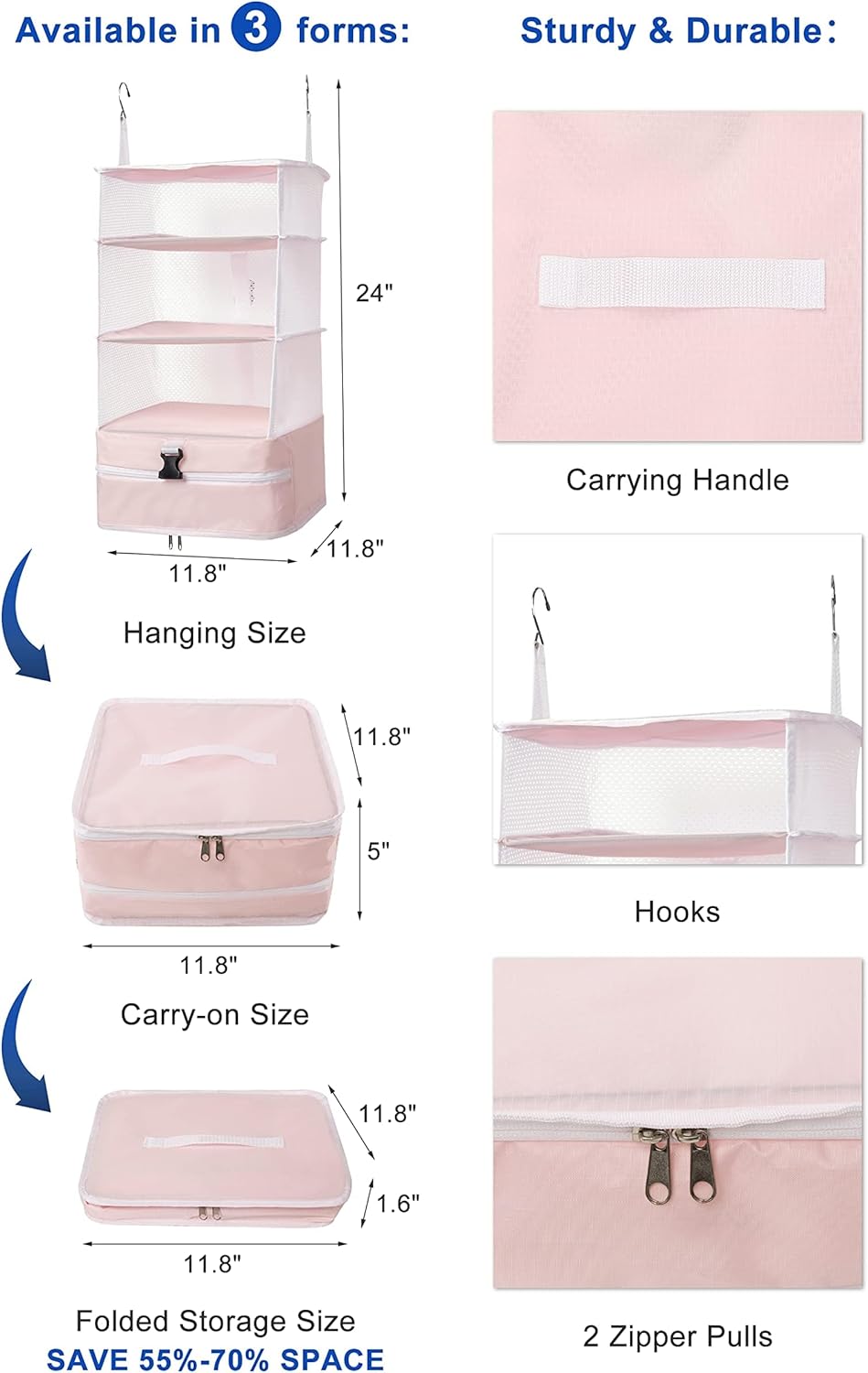 ELEZAY Hanging Packing Cubes Portable Closet Shelves Travel Collapsible Compression Garment Organizer for Carry-on Luggage Suitcase with Breathable Perforated Material Large_11.8 * 11.8 * 24 in, Pink