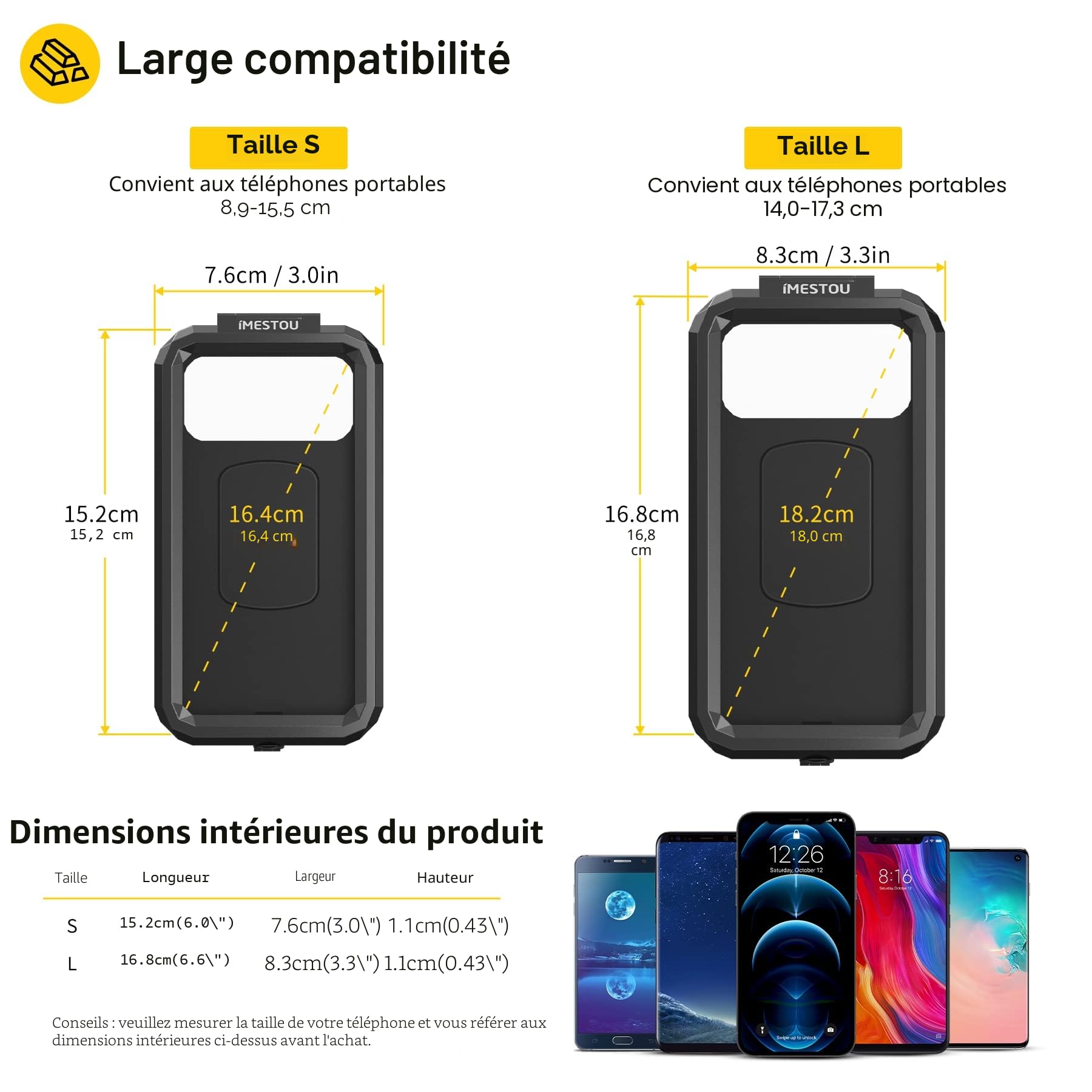 iMESTOU Support de Téléphone pour Fourche de Moto étanche à Boule de 1 Pouce Antivol avec Bras à Double Douille de Taille B Base à Boule en Aluminium pour Téléphones Cellulaires de 5,5" à 6,8" (L)