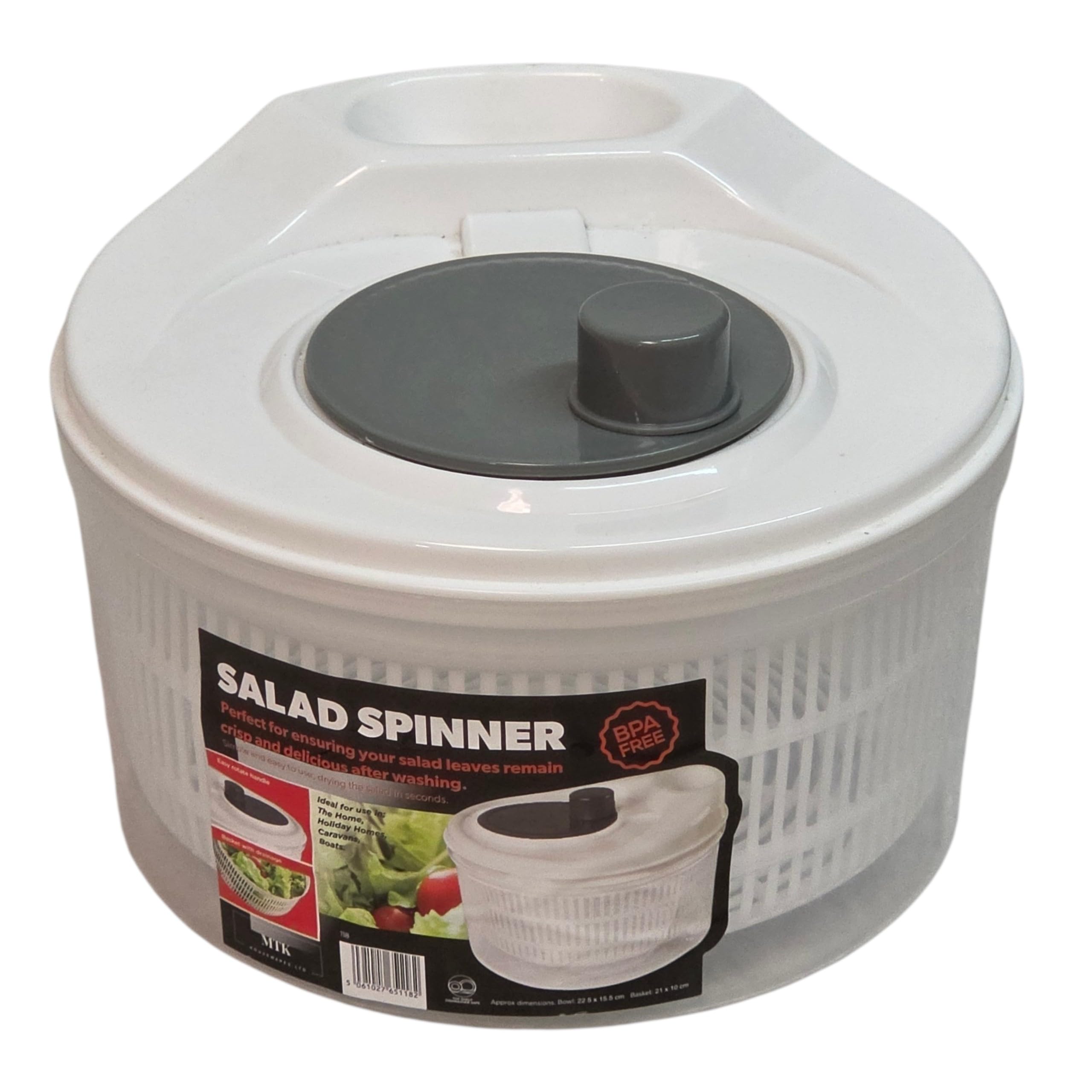 Mtk Housewares Ltd White Mtk Salad Spinner | Lightweight Dishwasher Safe Salad Dryer | Easy To Use, Easy To Clean | Spin To Wash, Dry & Dress Vegetables | Transparent Serving Bowl & Colander Basket,