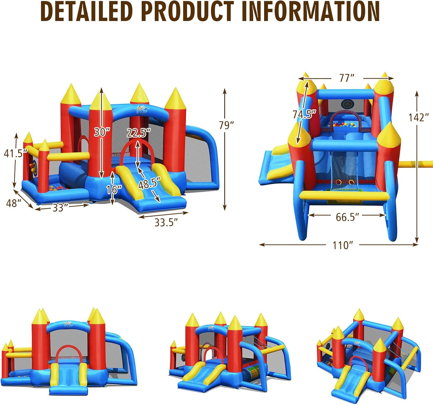 GLACER Inflatable Slide Bounce House, 6 in 1 Castle Jumping Bouncer w/Jumping Bed, Slide, Football Door, Ball Mesh, Ball Pit, Dart Target, Kids Castle Party Bounce House ((with 740W Air Blower))