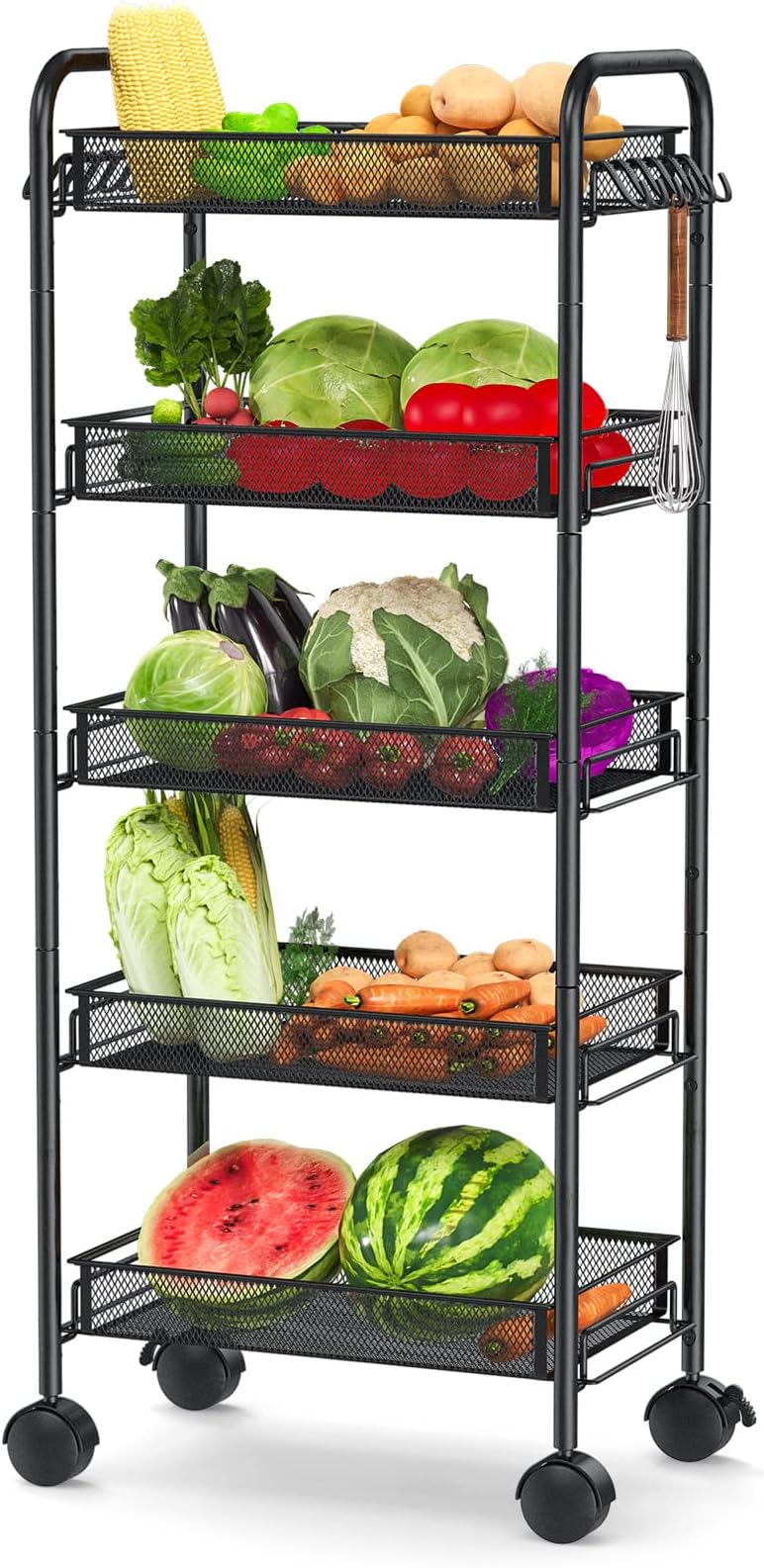 HomeHom 5-Tier Rolling Utility Cart, Black, Easy to Assemble, 22lbs Weight Capacity