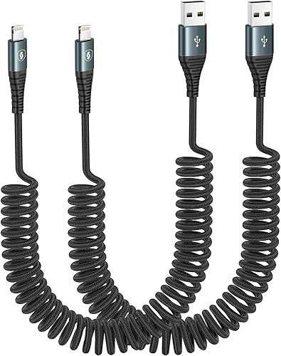Miniatura 8 de JUKEKUL Cable Lightning en espiral de 3 pies de nailon trenzado, cargador de iPhone de carga rápida para automóvil certificado Apple MFi, compatible