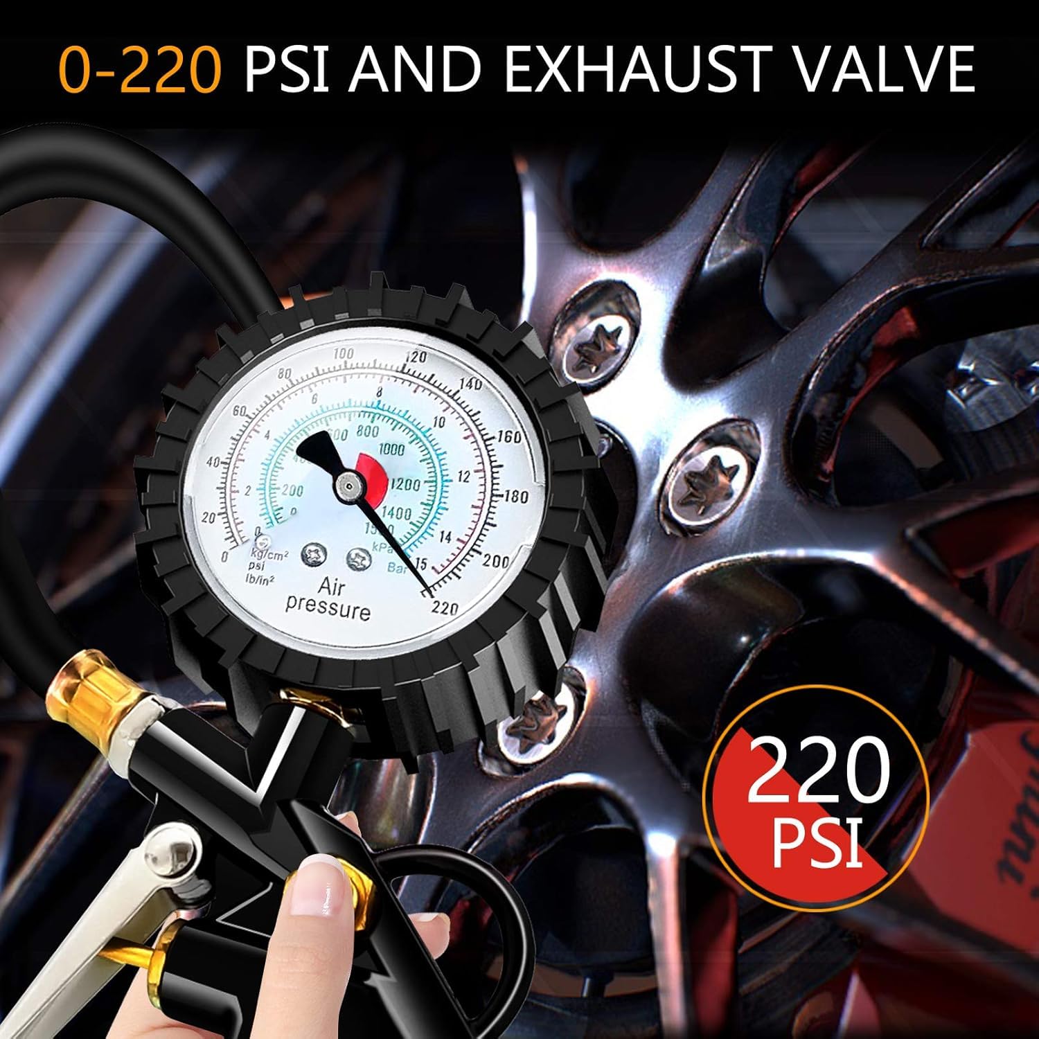 BURNNOVE Manometro per Pneumatici 220 PSI Manometro Pressione Gomme con 4 Tappi Valvola 2 Ugelli 1 Valvola Francese 1 Stelo di Prolunga in Metallo 90 Gradi per Auto Moto Biciclette