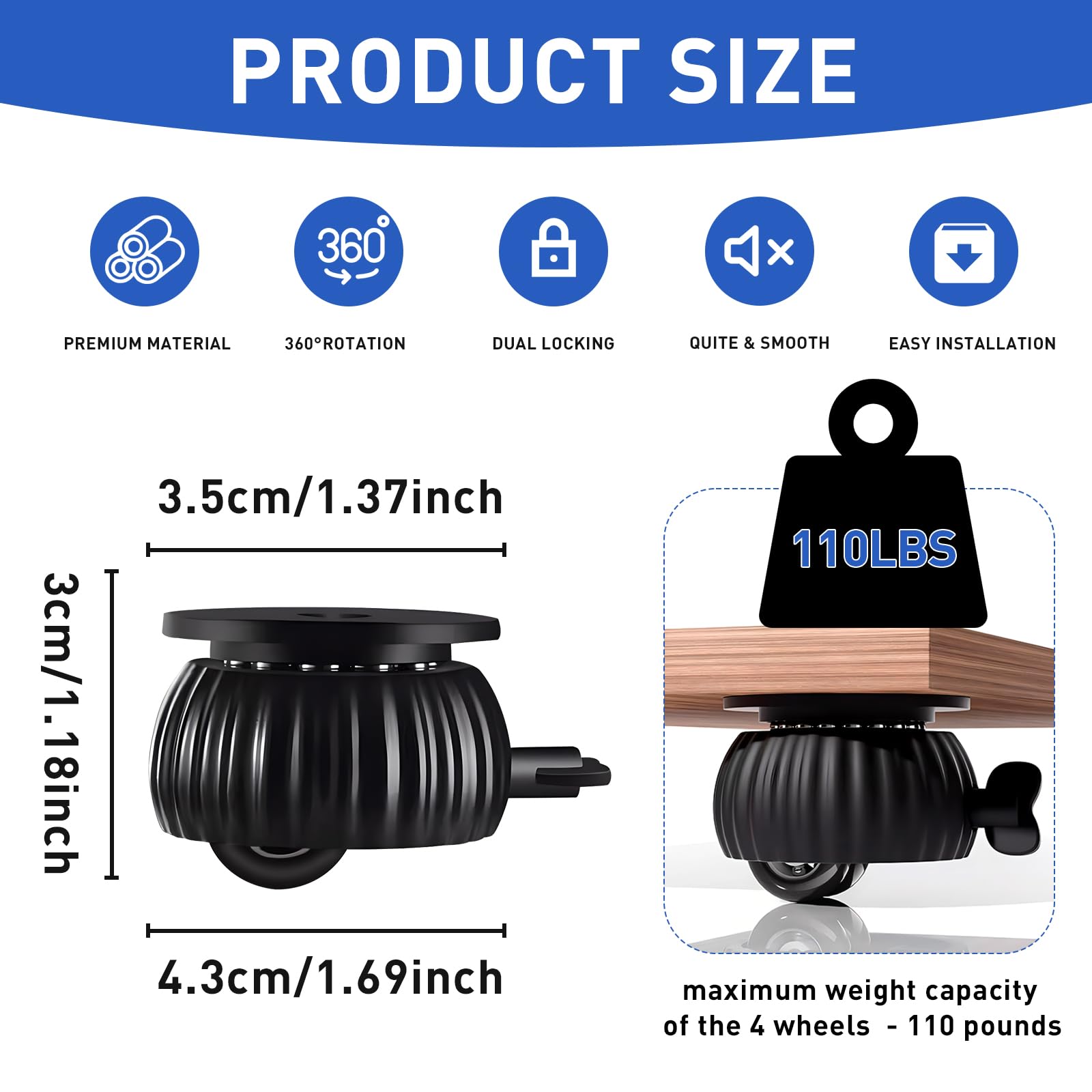 4-Pack Self Adhesive Caster Wheels - Small Furniture Wheels, Load Capacity 28LBS Per Wheel, 360°Swivel Low Profile Paste Universal Wheels for Small Applicane Storage Box Bins (Black)