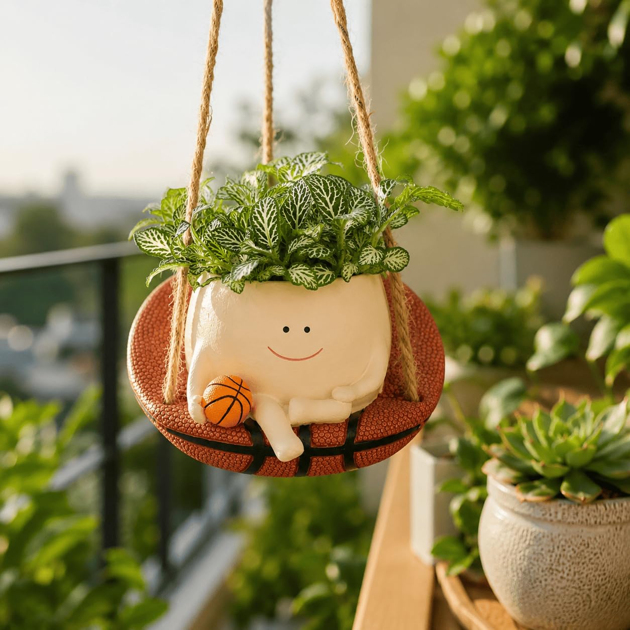 Cute Basketball Swing Planter, Hanging Resin Plant Pot for Succulents & Artificial Plants, Mini Desk Decor for Home, Office & Sports Lovers (Swing Joy Planter Basketball Player)-image-47
