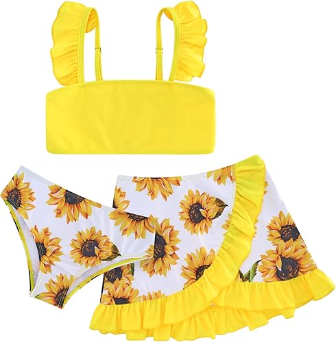 ALISISTER Traje de baño para niñas de 3 piezas, trajes de baño de verano, conjuntos de bikini tankini con falda de cobertura para niñas de 5 a 12