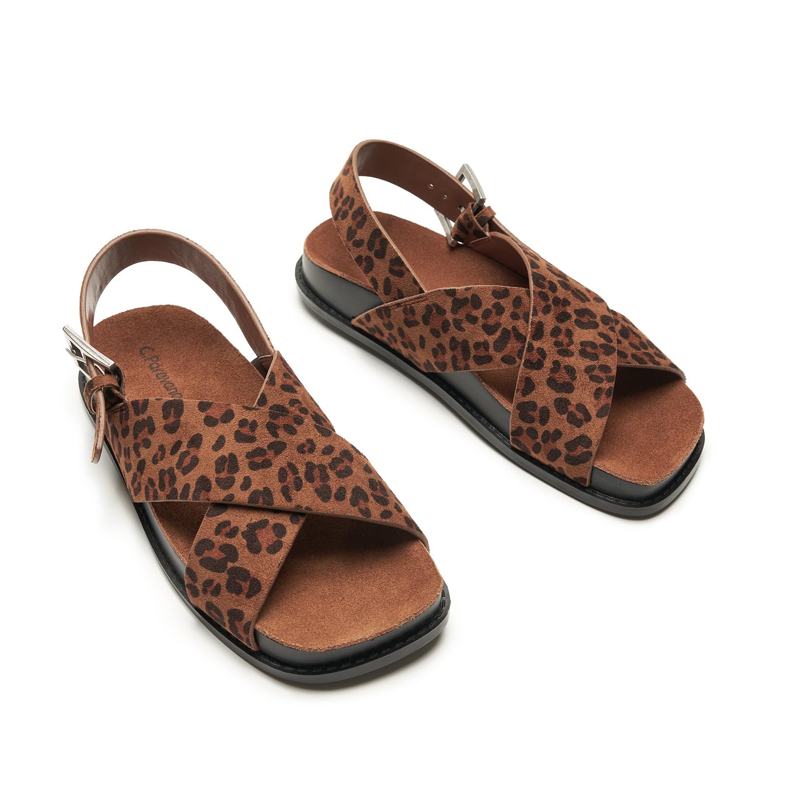 C.Paravano Women Sandals,Leopard Print Shoes Women Comfortable Dressy Flat Slides Summer Sandals with Arch Support for Walking Beach Casual Adjustable