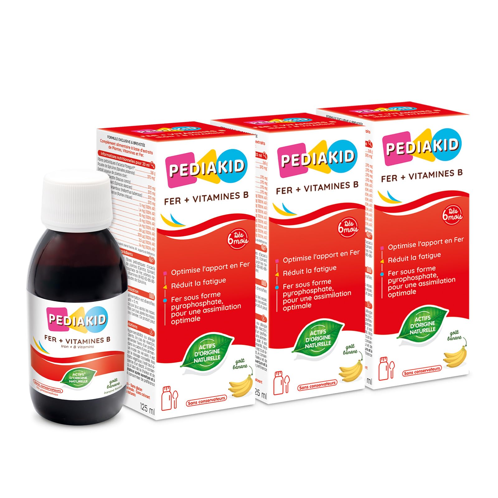 PEDIAKID - Sirop Fer + Vitamines B - Complément Alimentaire Naturel - Formule Exclusive au Sirop d'Agave - Optimise les Apports en Fer - Contribue à Réduire la Fatigue - Goût Banane - Lot de 3