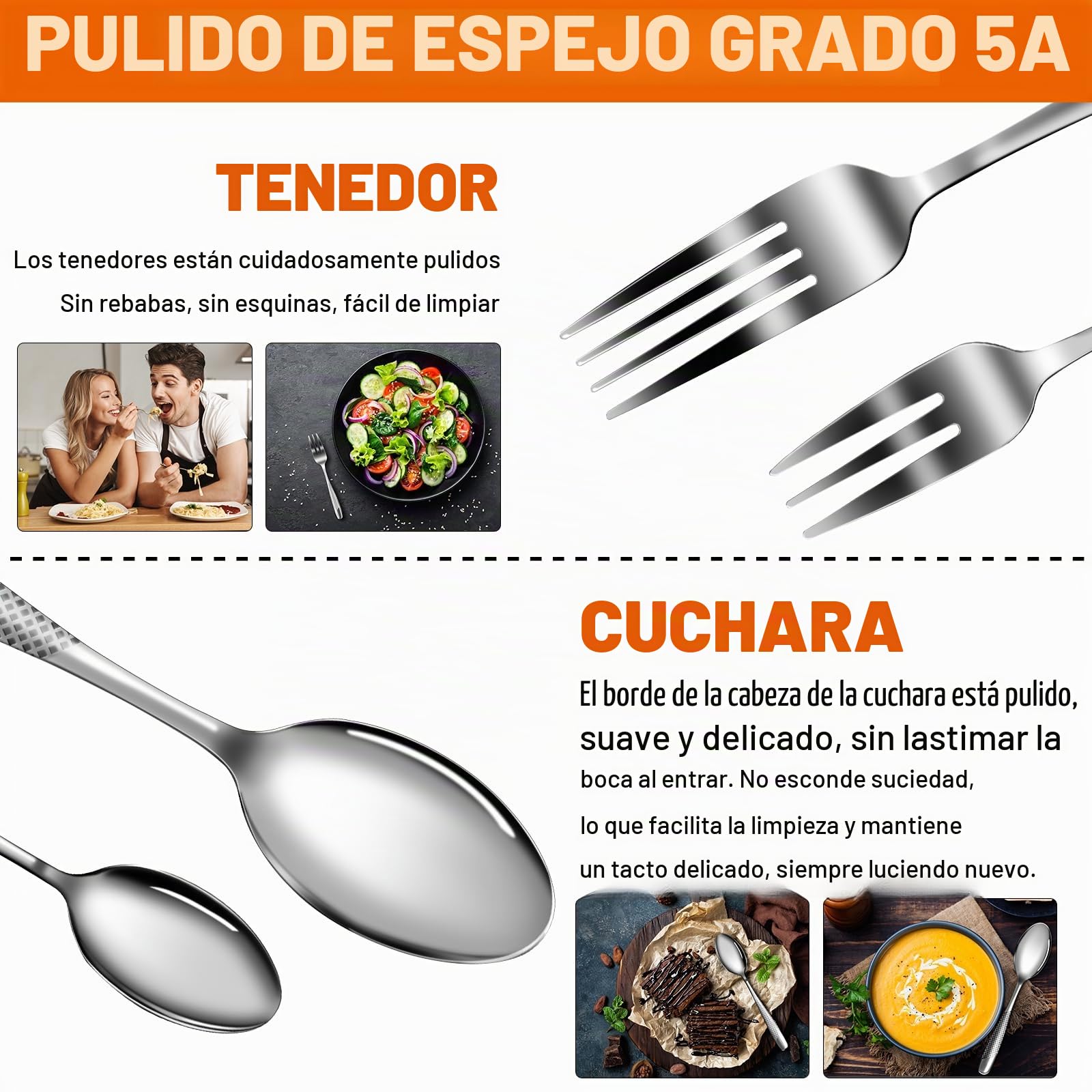 Cubiertos 40 piezas, Kit Cubiertos Individuales Acero Inoxidable para 8 personas, omprend cuchillos/tenedores/cucharas, lavable en lavavajillas, fácil de limpiar