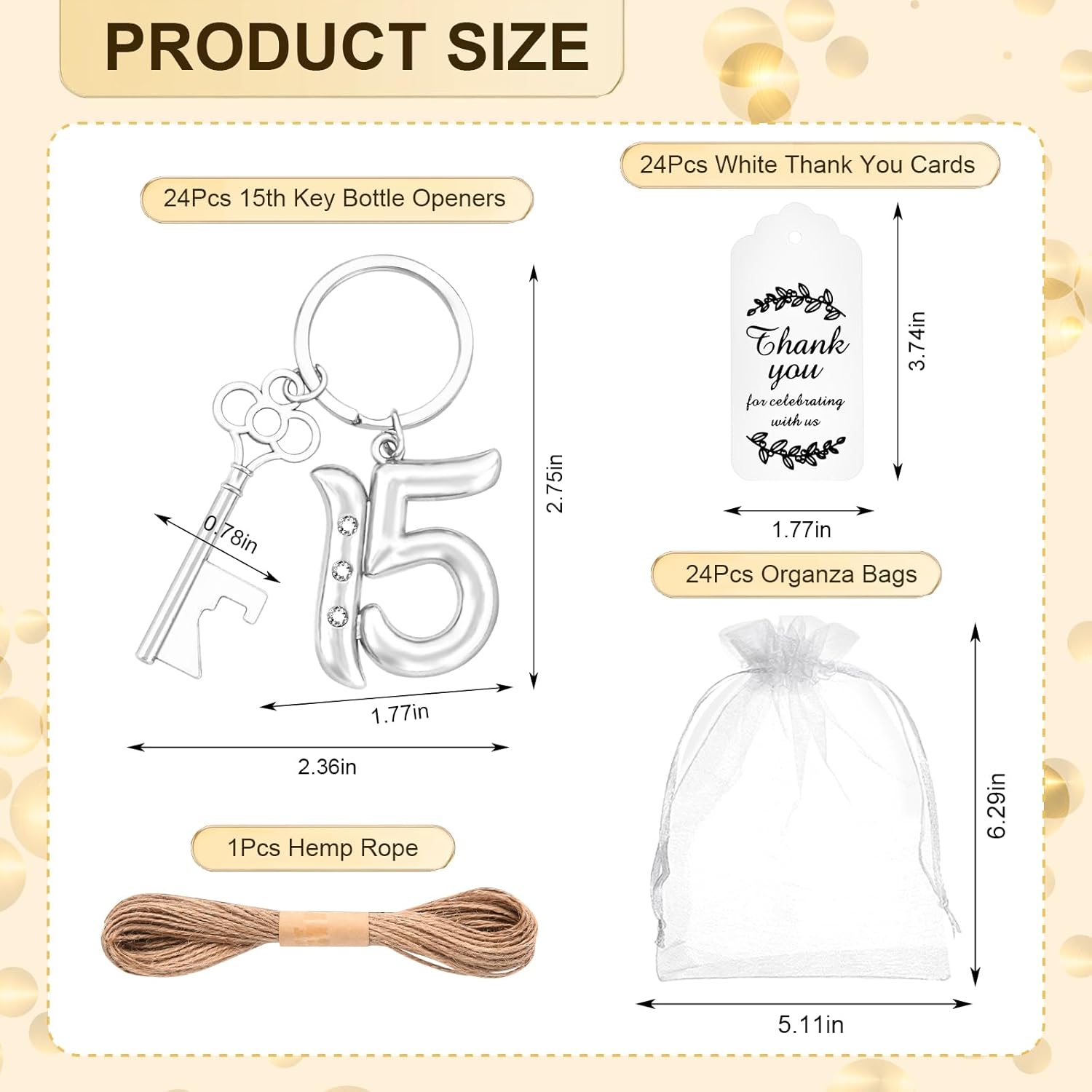 24Pcs 15th Quinceañera Key Bottle Openers Keychain Bulk 15th Birthday Party Favors, 15th Silver Beer Key Chain Ring Bottle Opener 15 Wedding Anniversary Return Gifts Souvenirs for Guests