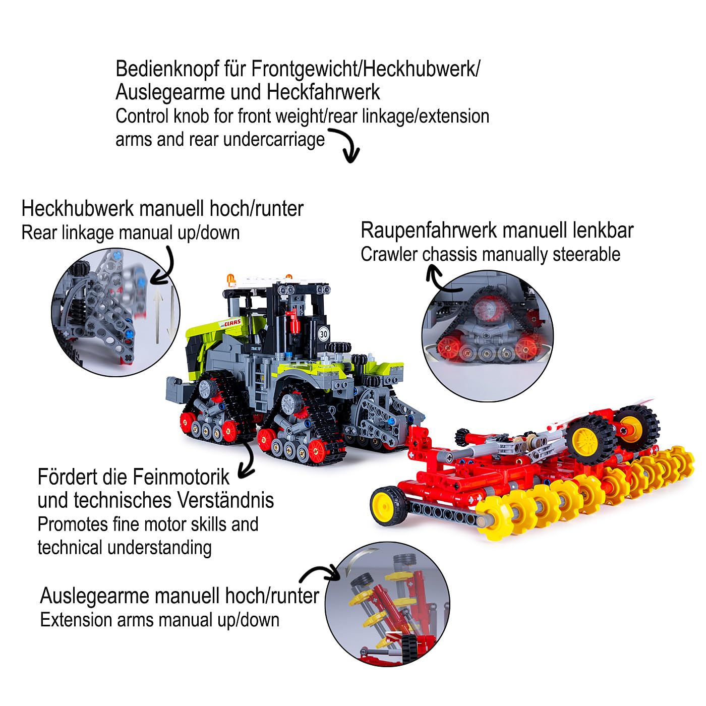 JAMARA 402856 CADA Claas Xerion 5000 Trac TS 1:32 Bricks, giocattolo agricolo per bambini a partire dagli 8 anni, tecnica per ragazzi, set di mattoncini a morsetto, idea regalo per bambini, fedele ai