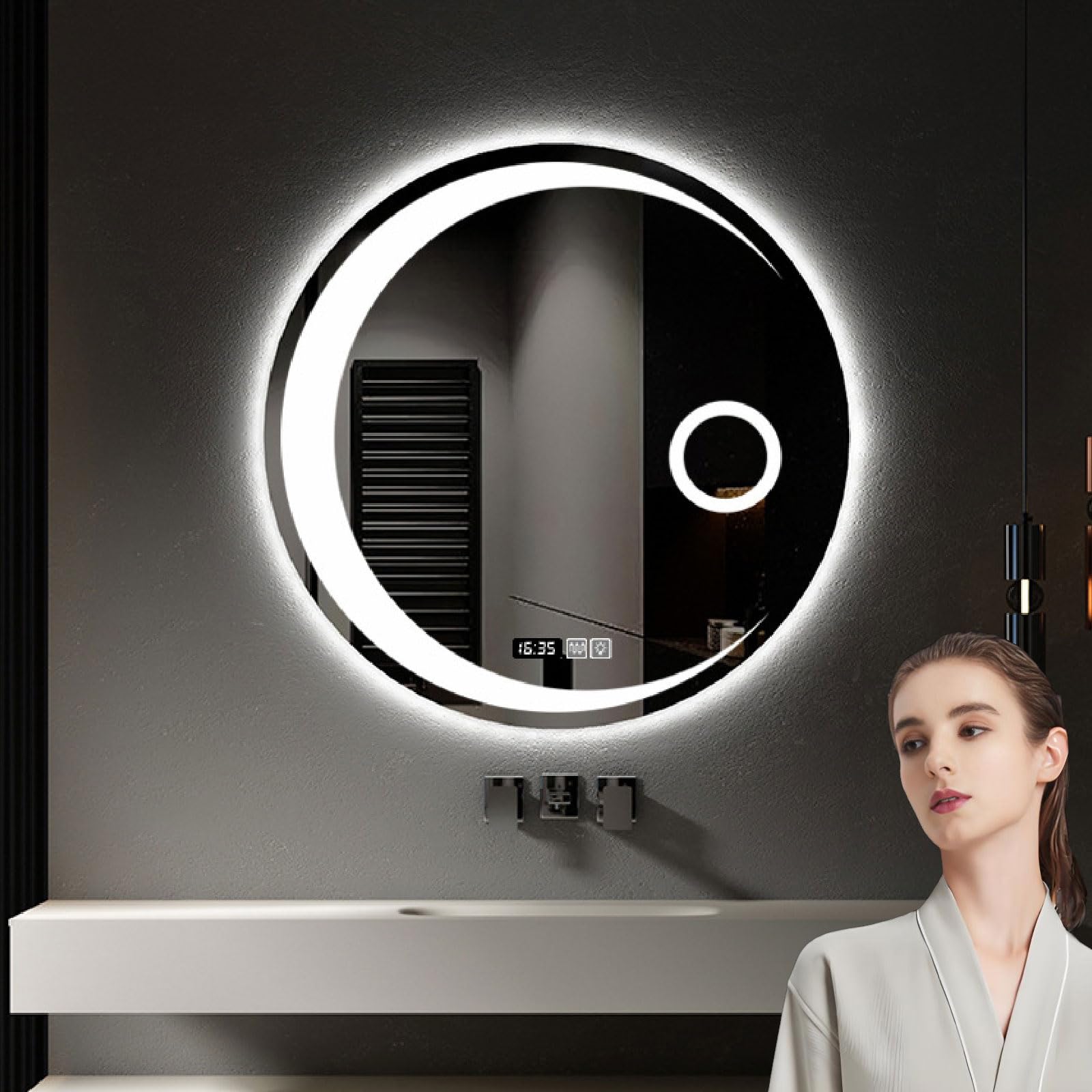 WJFTODAY Dimmable LED Bathroom Mirror - 70cm Circle Wall Mirror with Anti-Fog, 3-Color Lights, Smart Touch Control & Time Display, Ideal for Vanity, Bedroom & Entryway.