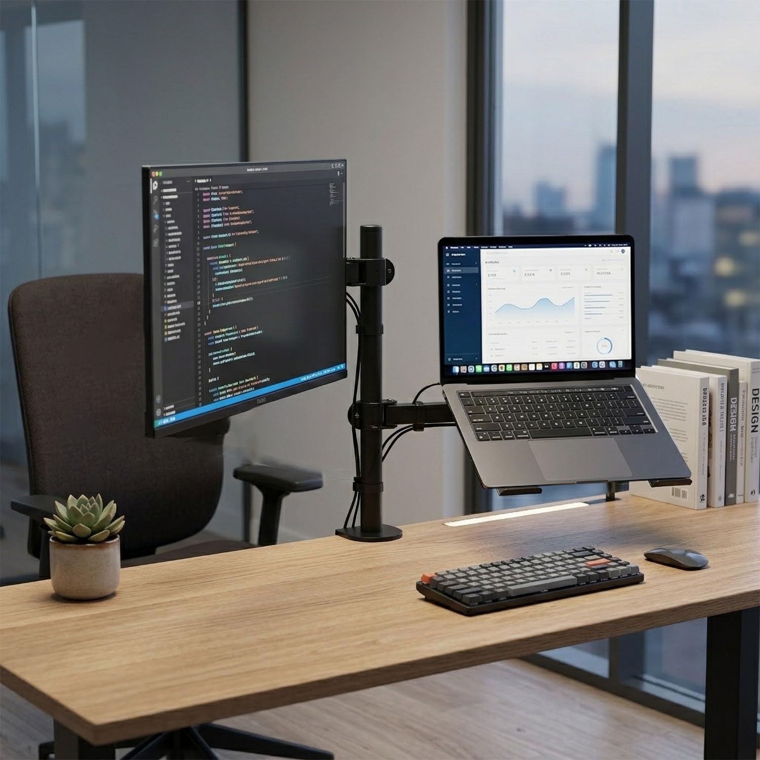 Supporto da scrivania VESA 2 in 1 per monitor e laptop, braccio regolabile | Vassoio Ventilato per Notebook Max 17 a 32" Computer 22 Nero