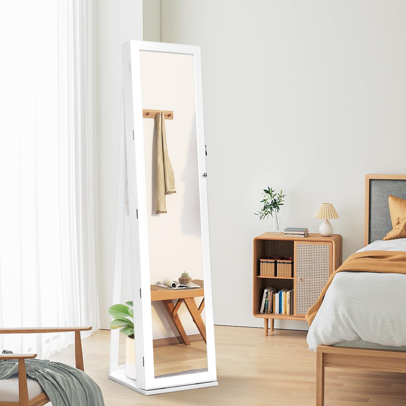HOMASIS 3 in 1 Schmuckschrank mit 2 Spiegeln & Leiterregal, abschließbares Schmuckregal mit Ganzkörperspiegel & Kosmetikspiegel aus Holz, drehbarer Spiegelschrank für Ketten Ringe Ohrringe (Weiß)