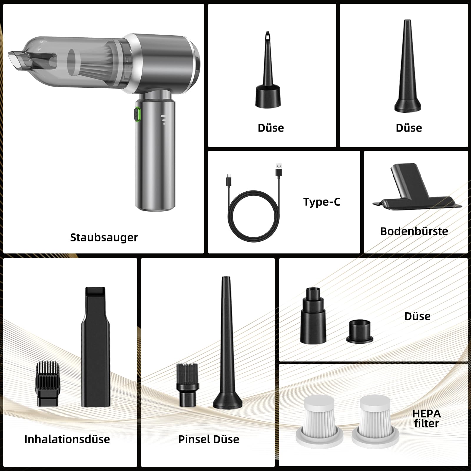 Handstaubsauger, Handstaubsauger Akku, 26000Pa Autostaubsauger mit Bürstenloser Motor, 3-Gang Mini Staubsauger, Auto Kabellos Staubsauger für Büro Genutzt, Haus, Küche, Tierhaare