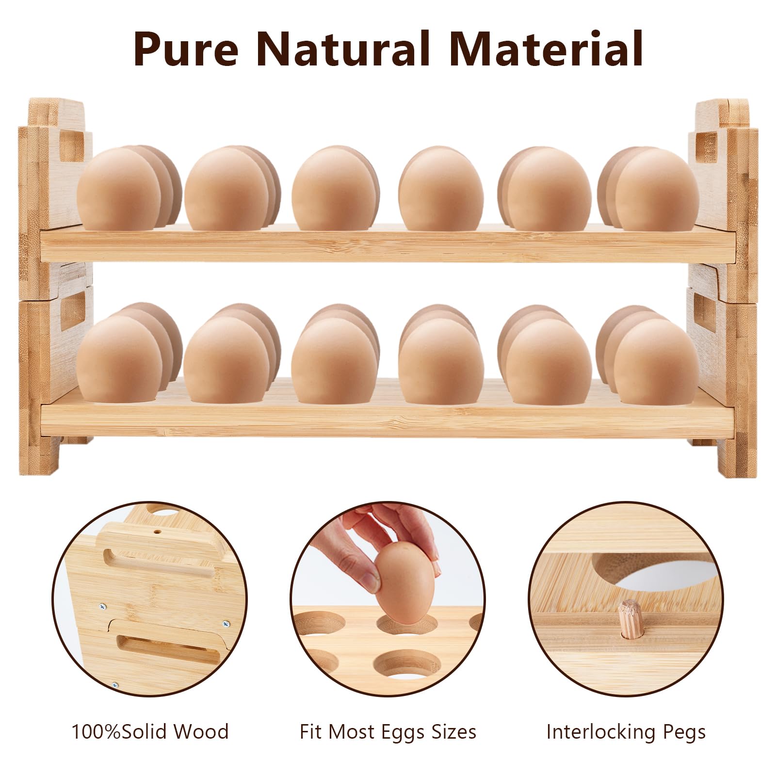Soporte para huevos de madera de 2 niveles, cesta de huevos para recoger huevos frescos, bandeja de huevos en capas para encimera para 18 huevos, organizador de huevos de nivel para refrigerador de