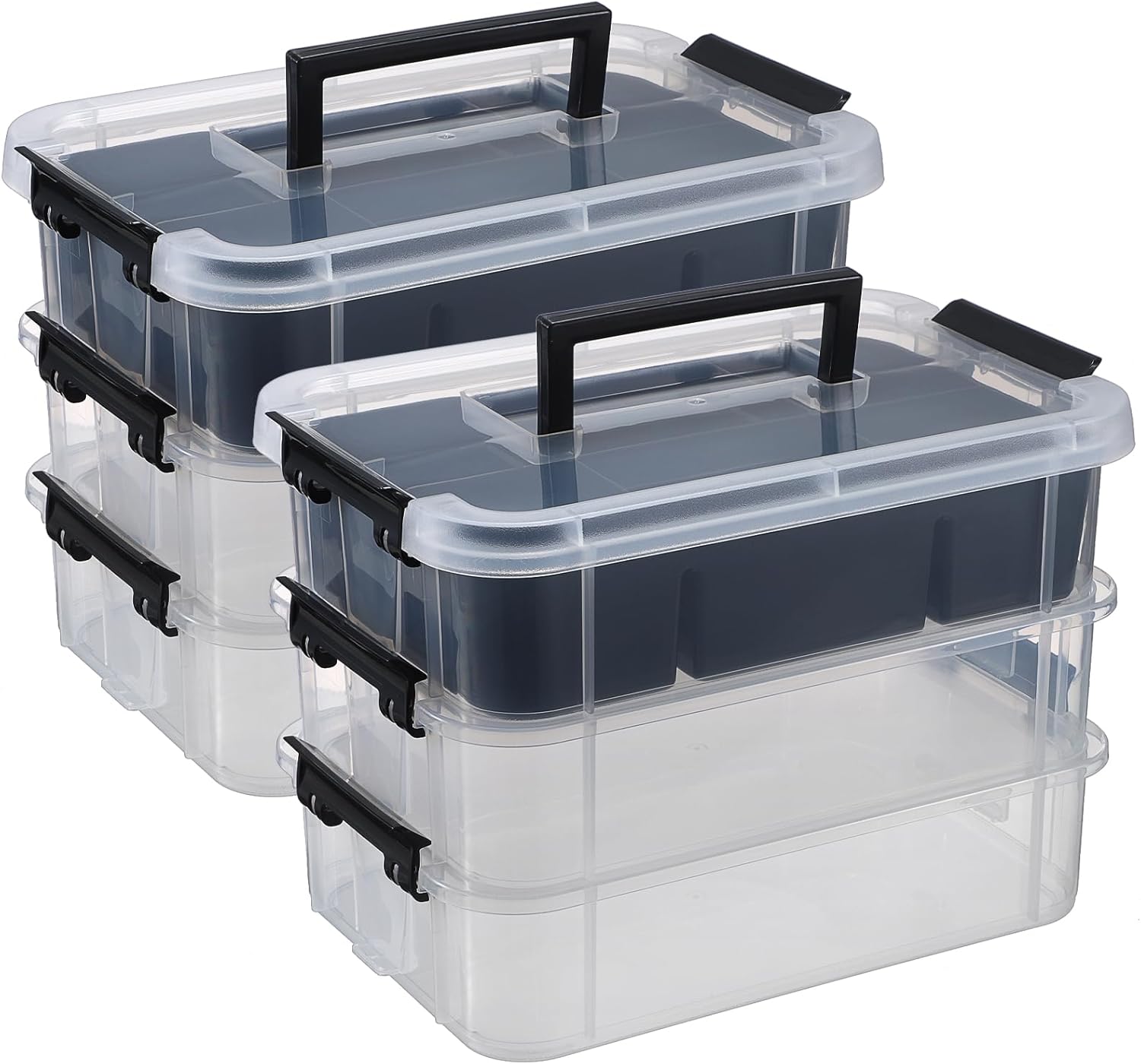 JUXYES Paquete de 2 cajas de almacenamiento apilables de 3 niveles con bandeja dividida, contenedor de almacenamiento apilable transparente con tapa