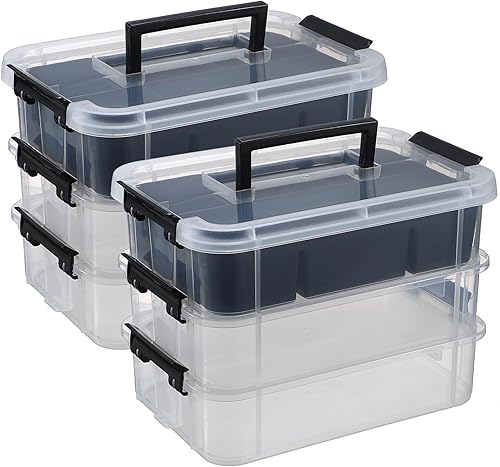 JUXYES Paquete de 2 cajas de almacenamiento apilables de 3 niveles con bandeja dividida, contenedor de almacenamiento apilable transparente con tapa