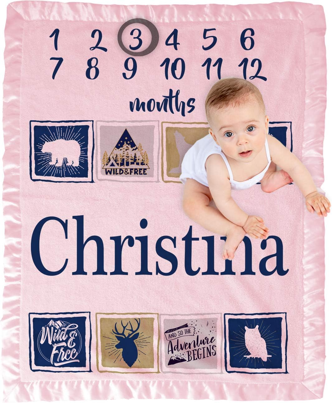 Baby Blanket Personalized with Name and Monthly Milestones Wild and Free Woodland Adventure Begins Gender Neutral 30 x 40 Satin Edge Super Soft Idea (Pink, 30 x 40)