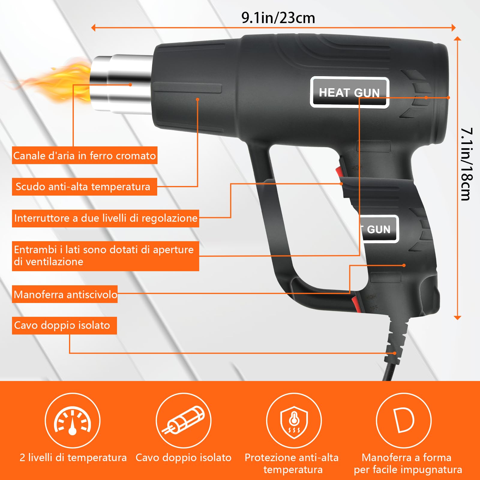 Pistola ad Aria Calda & Pistola Termica Professionale 2000W | 4 Ugelli, 60-600°C (2 Livelli), Riscaldamento Rapido | Sverniciare, Saldare, Tubi Termoretraibili | Protezione Surriscaldamento, Ignifugo