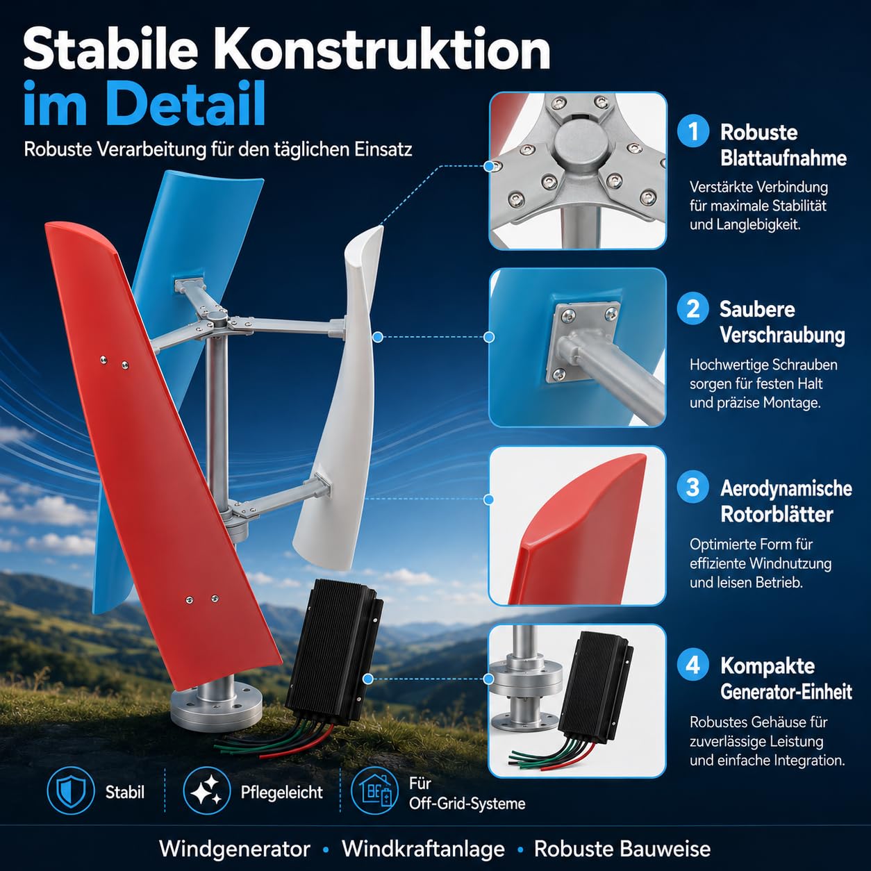 400W Vertikale Windkraftanlage Komplettset – 12V Windgenerator mit MPPT-Regler, extrem leise & Startwind ab 1,3 m/s für Garten, Boot, Wohnmobil