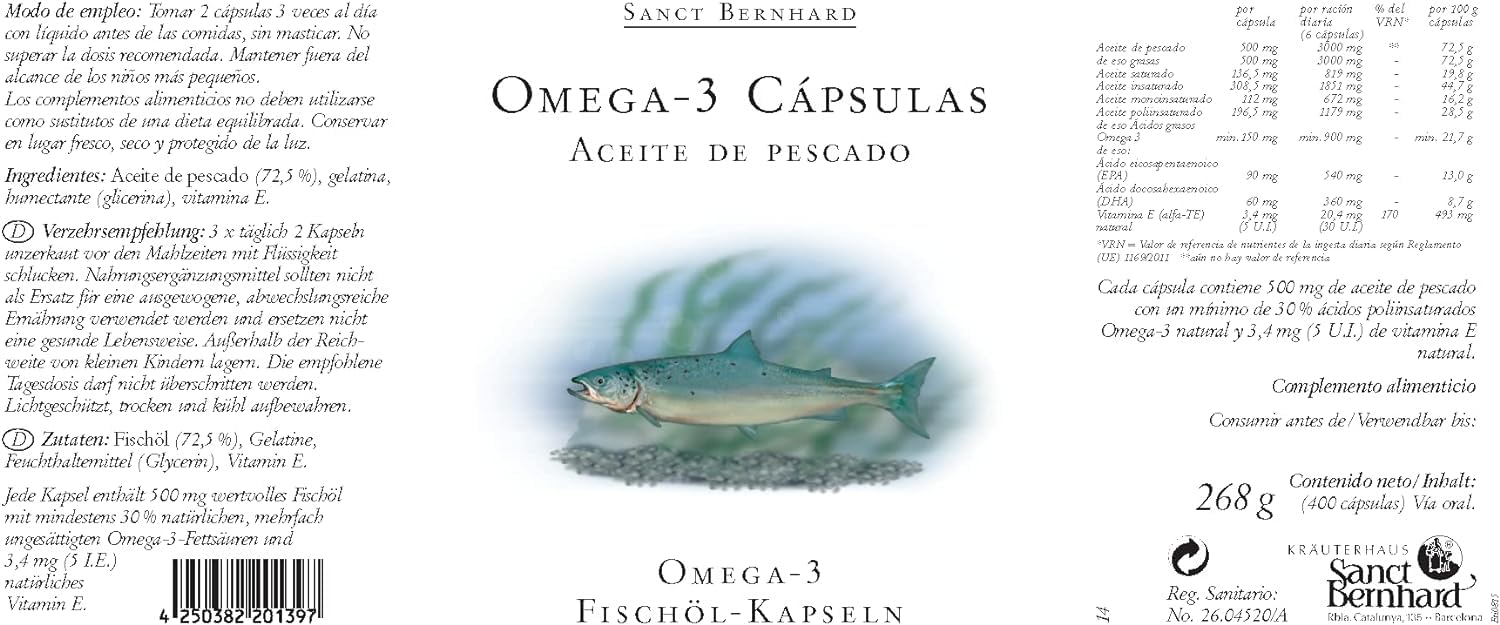 Omega-3 500mg 3x 400 Cápsulas - Aceite de Pescado natural, con Ácidos Grasos Poliinsaturados EPA, DHA y Vitamina E para reducir niveles de colesterol, Sanct Bernhard - Cebanatural