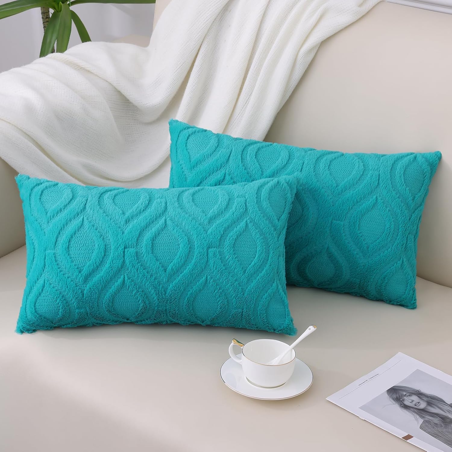 decorUhome Throw Pillow Covers 12x20 Inch Set of 2, Soft Plush Faux Wool Turquoise Solid Couch Pillow Covers, Accent Farmhouse Neutral Square Pillow Cases for Sofa Bed Living Room Home Decor