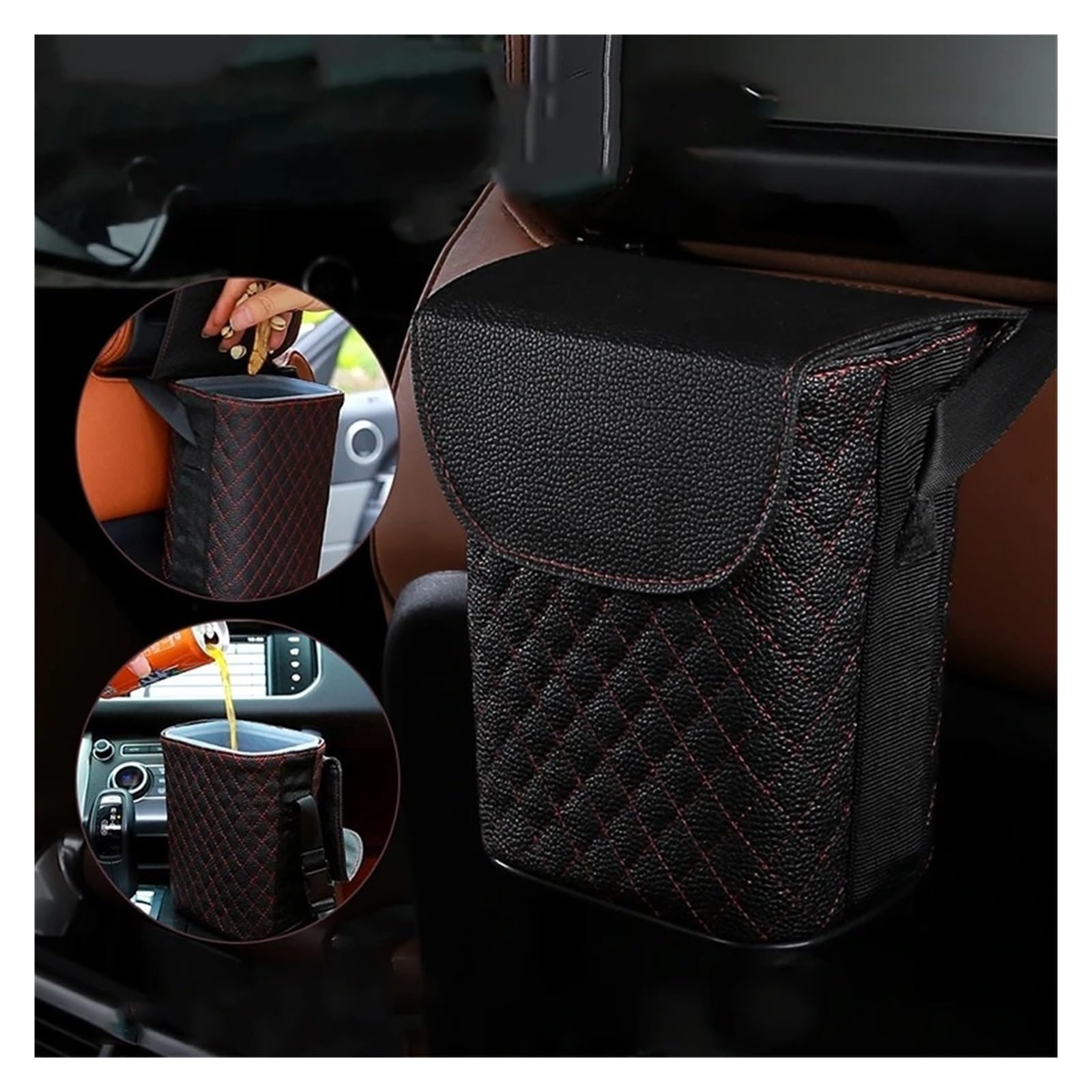 Auto Mülleimer Wasserdichter PU-Leder-Auto-Mülleimer Auto-Zubehör Hängende Organizer-Box Integrierter Abnehmbarer Kunststoffeimer Fahrzeug Mülleimers(13x17cm 2)